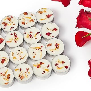 48 Pack Rose Scented Tealight Candles with Real Petals, Natural Soy Wax 6H Burn Time, Non-Toxic Smokeless Scented for Bath, Wedding, Decor