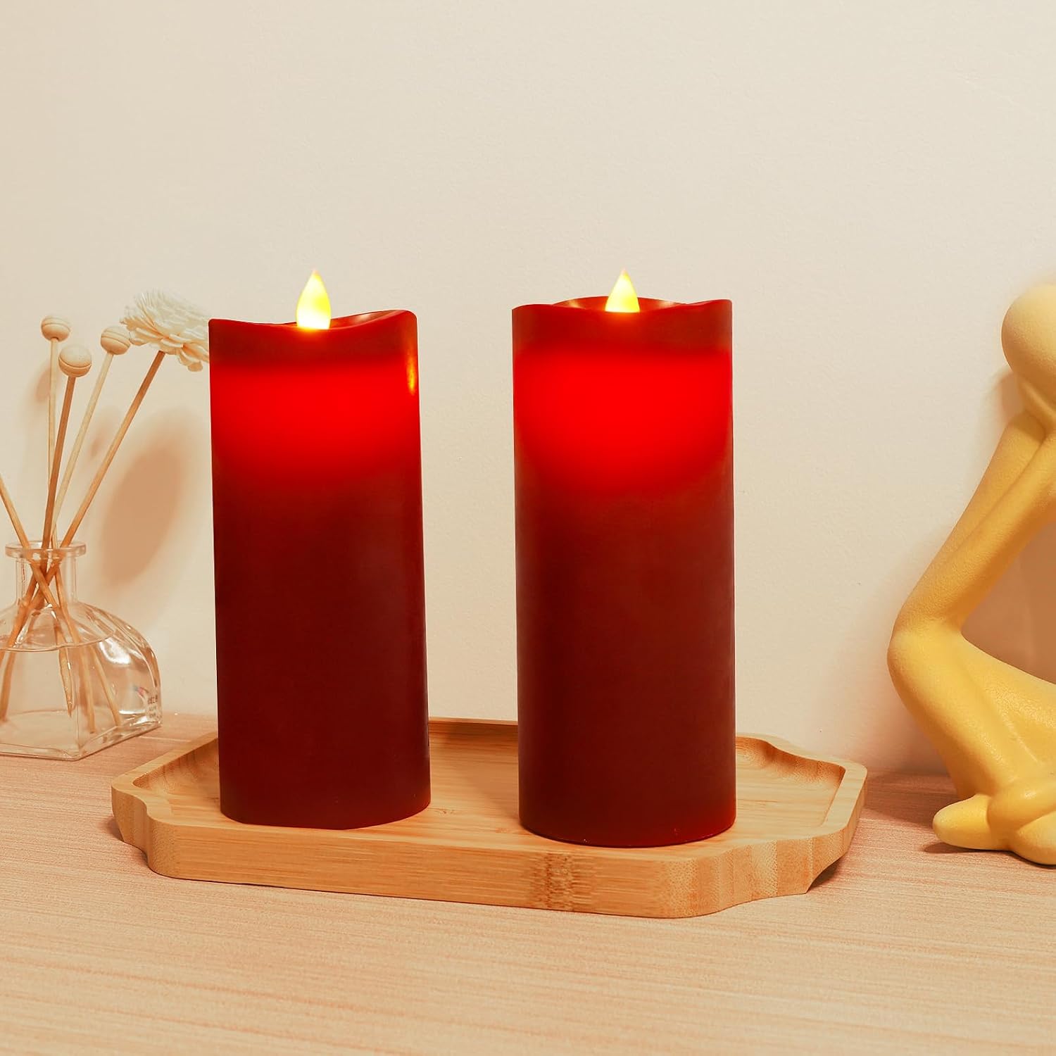 Enpornk 7” x 3” Flameless Candles, Flickering Moving Flame LED Candles, Battery Operated Candles with Remote and Timers, Burgundy, Set of 2