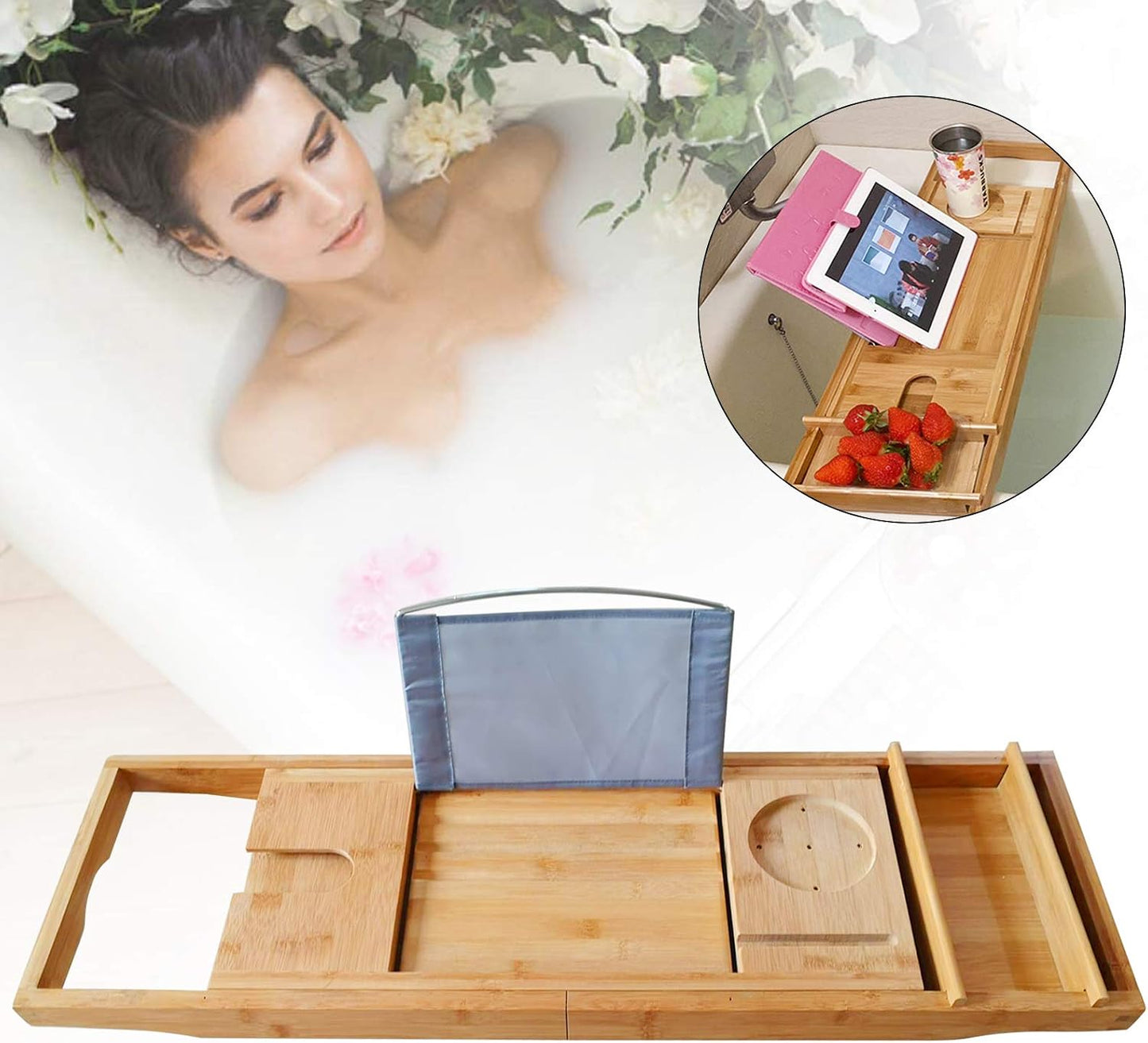 Bamboo Bathtub Tray Expandable Bathroom Tray for Home Spa Relaxation, Premium Foldable Wood Bath Table, Soap Dish, Book, Phone & Tablet Holder, Wine Glass Slot - Relaxing Bath Caddy