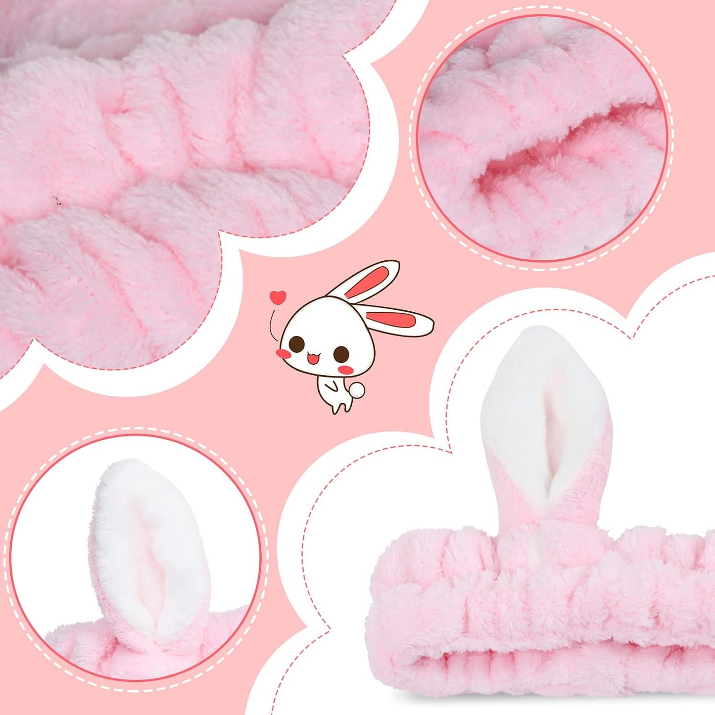 4 Pack Elastic Makeup Headbands for Women, Girls' Soft Flannel Bunny Ears Headbands Head Wraps, SPA Headband Hair Band for Washing Face