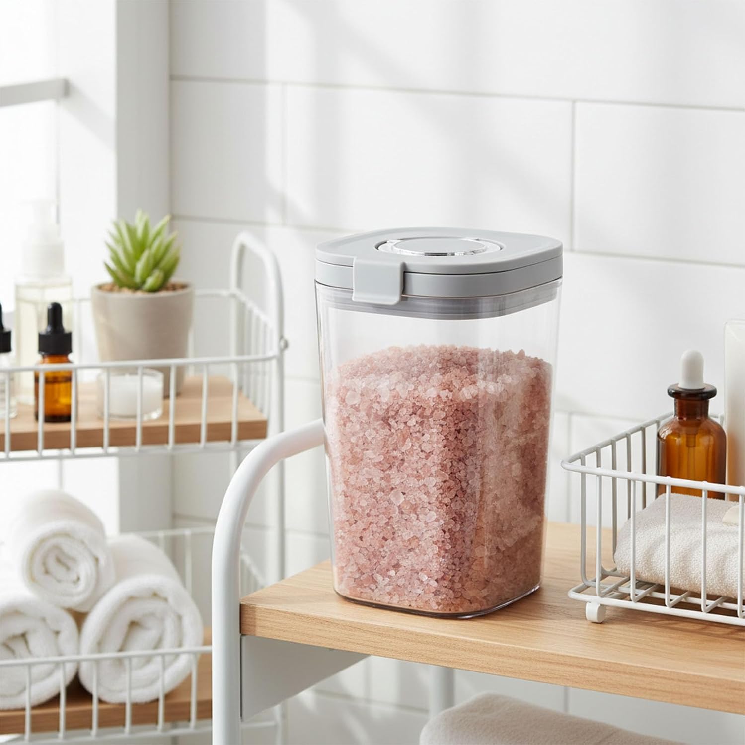 Bath Salt Container 60 Oz, Clear Bathroom Jar with Lid and Spoon for Bath Salts, Epsom Salt, Bath Accessories for Women, Bathroom Decor, Bathtub Supplies and Laundry Powder Storage