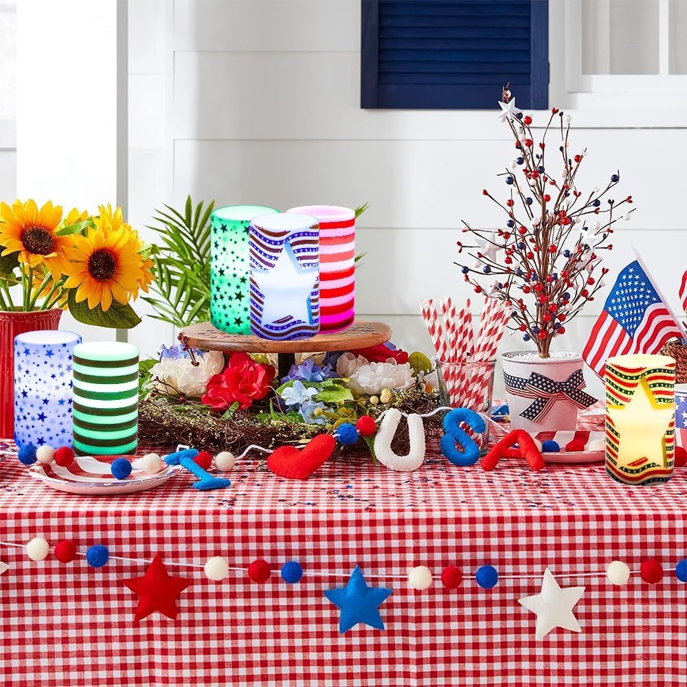 Pack of 3 Patriotc American Flag Flameless LED Pillar Candle with Remote Control Battery Operated 4th of July Candles for Home Decor Dinner Table Centerpieces(American Flag)