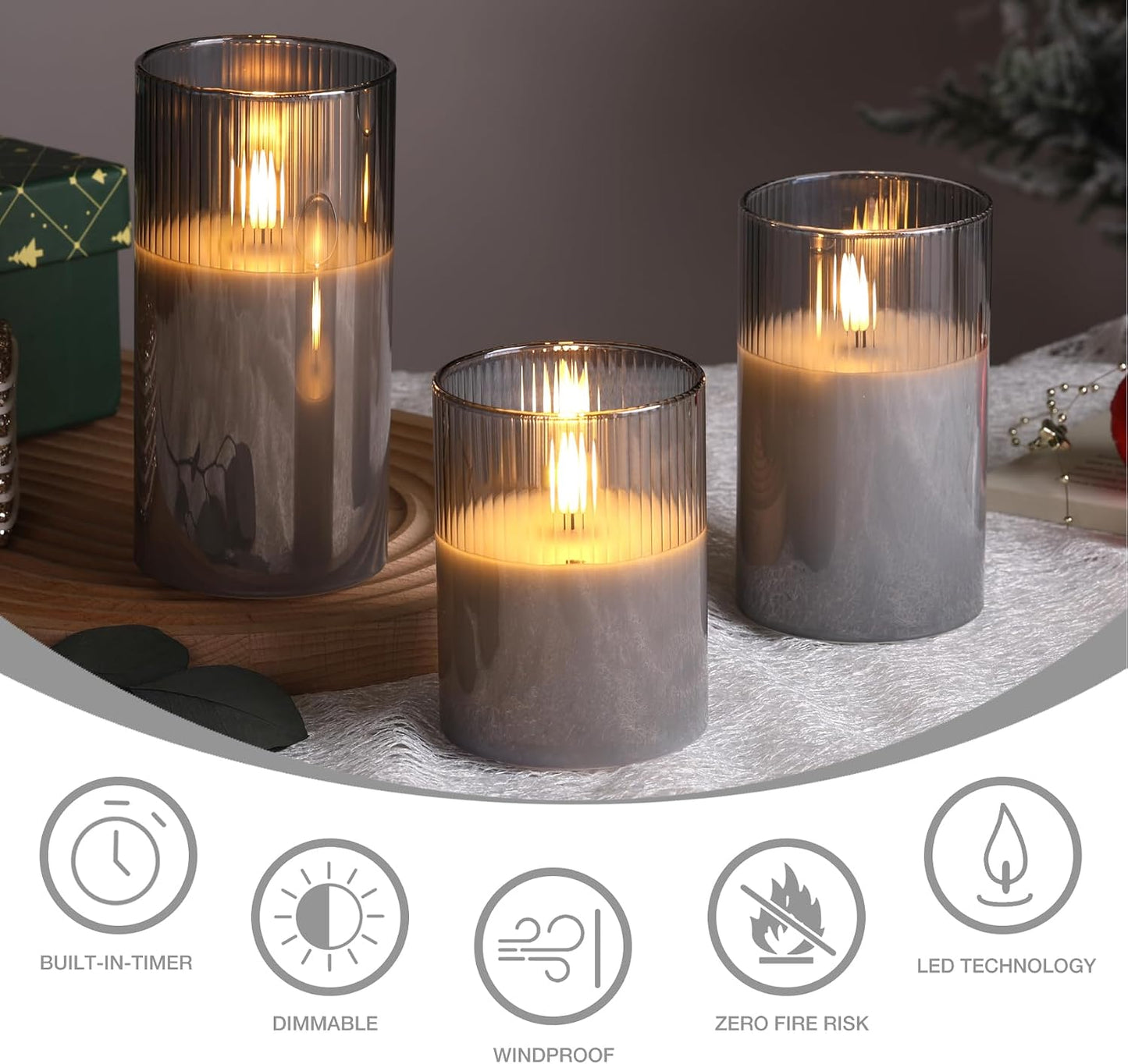 Eywamage Smoke Grey Ribbed Glass Flameless Pillar Candles with Remote, Flickering LED Wax Candles Battery Operated Set of 3