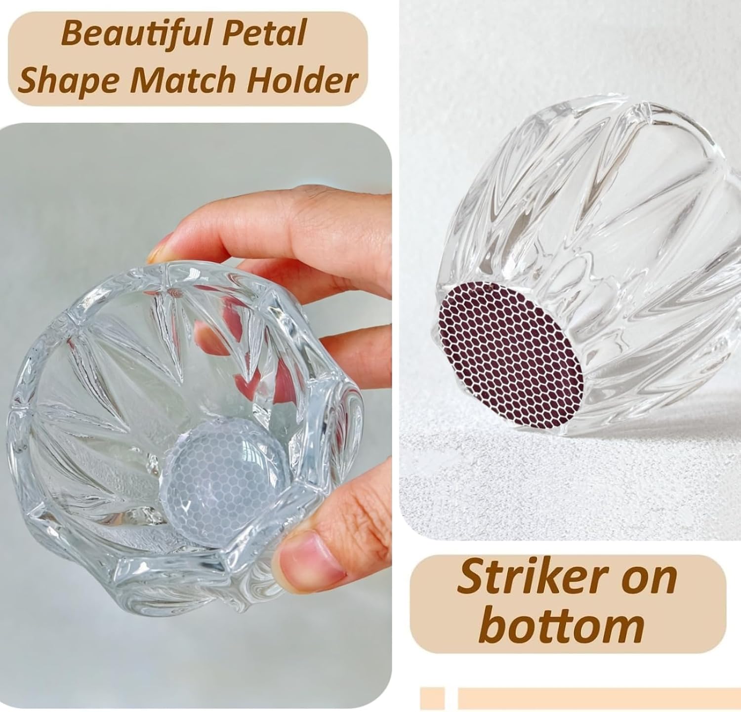 Glass Match Holder with Striker - Matches in a Jar for Bathroom Candle, or Fireplace - Housewarming Gift for Candle Lover - Flower Style Candle Accessories, Matches Not Included