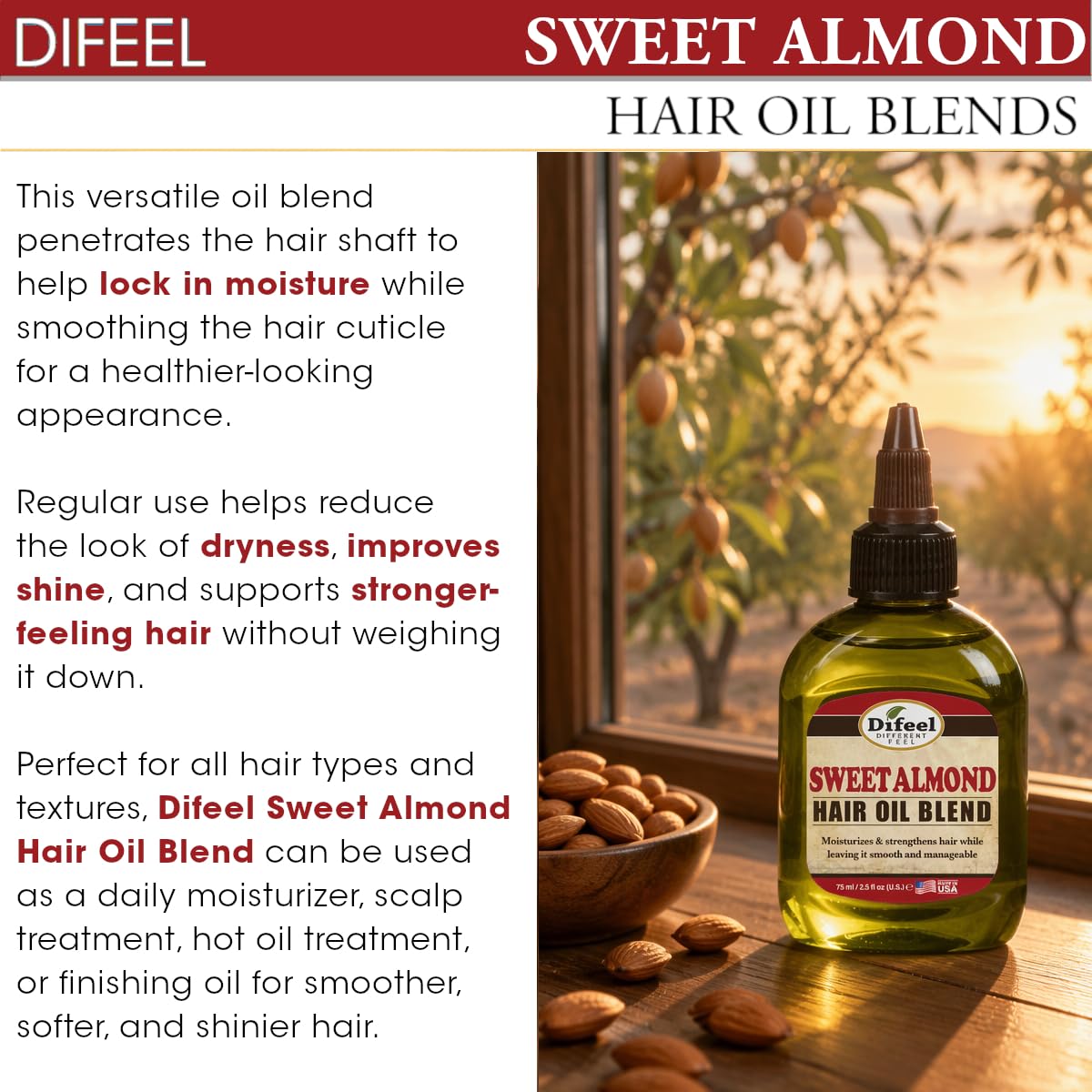 Difeel Sweet Almond Hair Oil Blend - Travel Size 2.5 ounce