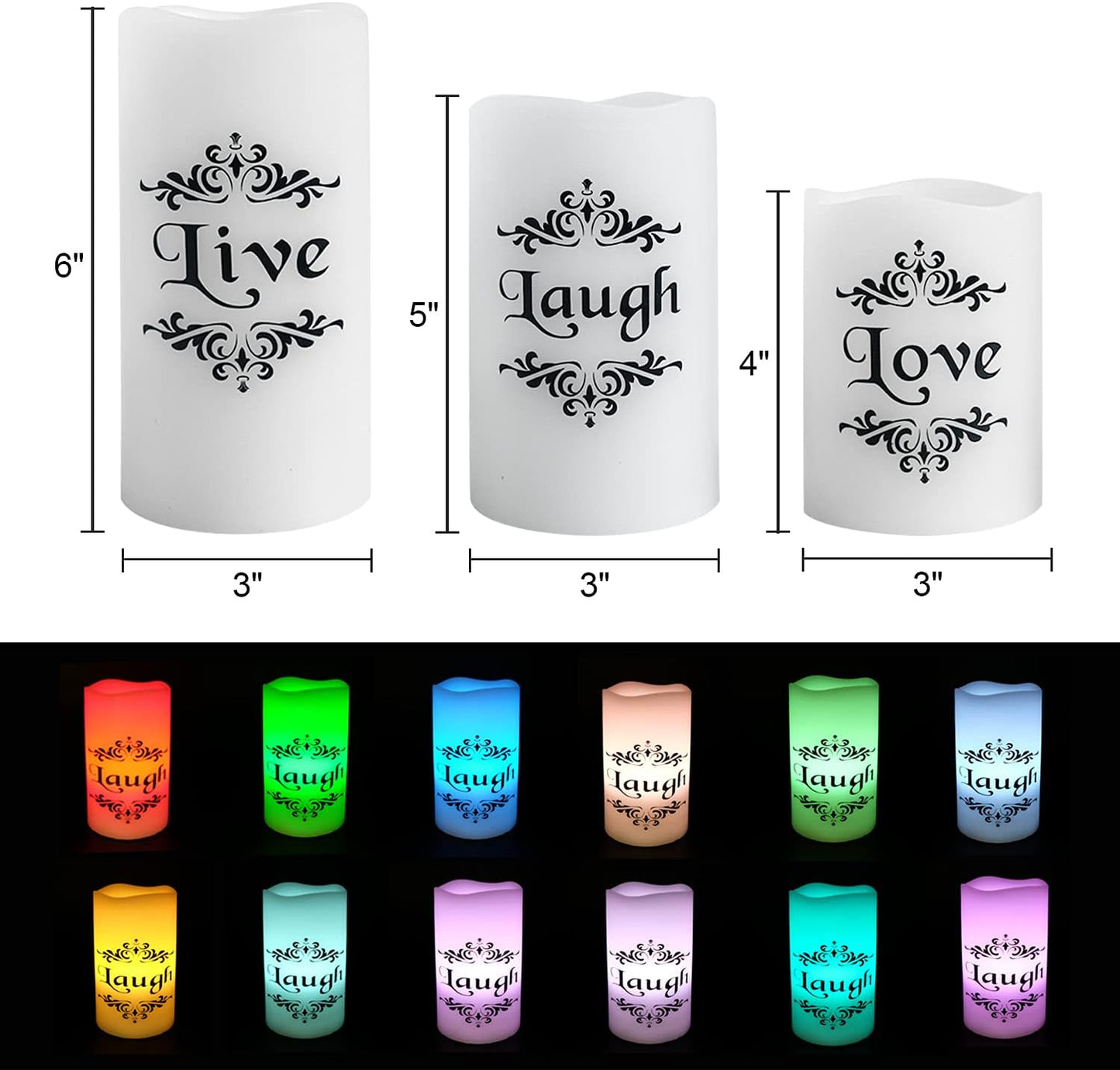 Color Changing LED Flameless Candles with 18-Key Remote and Timer, Live Love Laugh Decals Battery Operated LED Flickering Pillar Candles Dinner Wedding Decor 3 x 4, 5, 6
