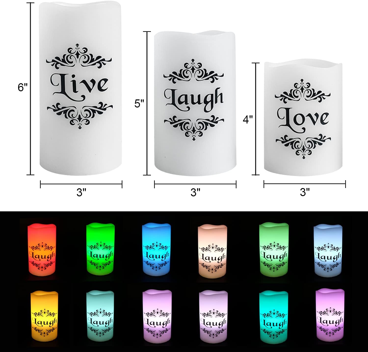 Color Changing LED Flameless Candles with 18-Key Remote and Timer, Live Love Laugh Decals Battery Operated LED Flickering Pillar Candles Dinner Wedding Decor 3 x 4, 5, 6