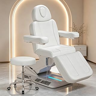 Fully Electric Massage Table, 3 Motor Adjustable Electric Esthetician Bed w/Dual-Side Foot Pedals, Handheld Remote & LED Light for Beauty Tattoo Spa Medical Treatment, Stool Included, White