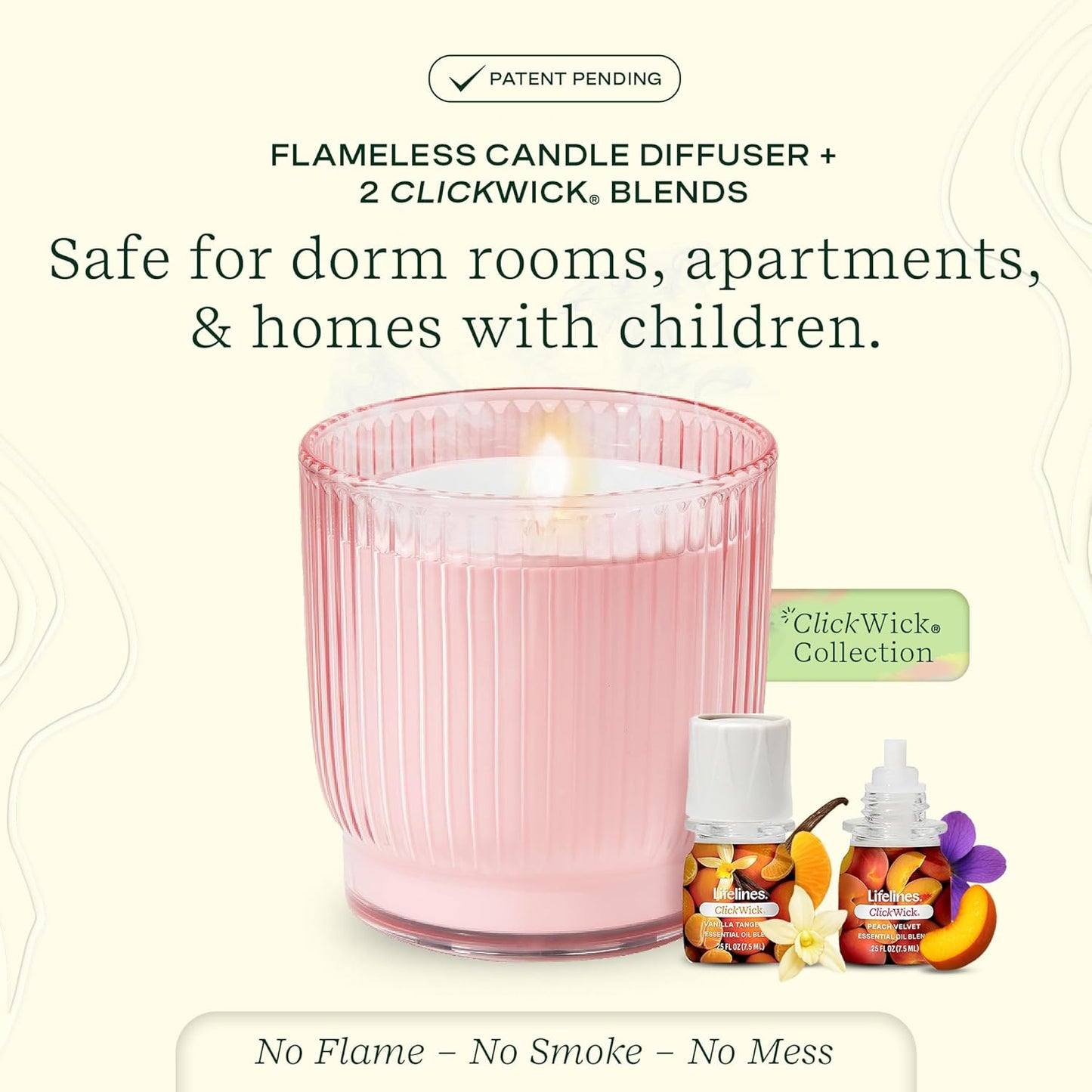 Lifelines Flameless Candle Aromatherapy Essential Oil Diffuser with 2 ClickWick Essential Oil Blends - Cordless & Waterless Diffuser for Home - Scented Electric Candles Blow Out Flame - Pink Jar