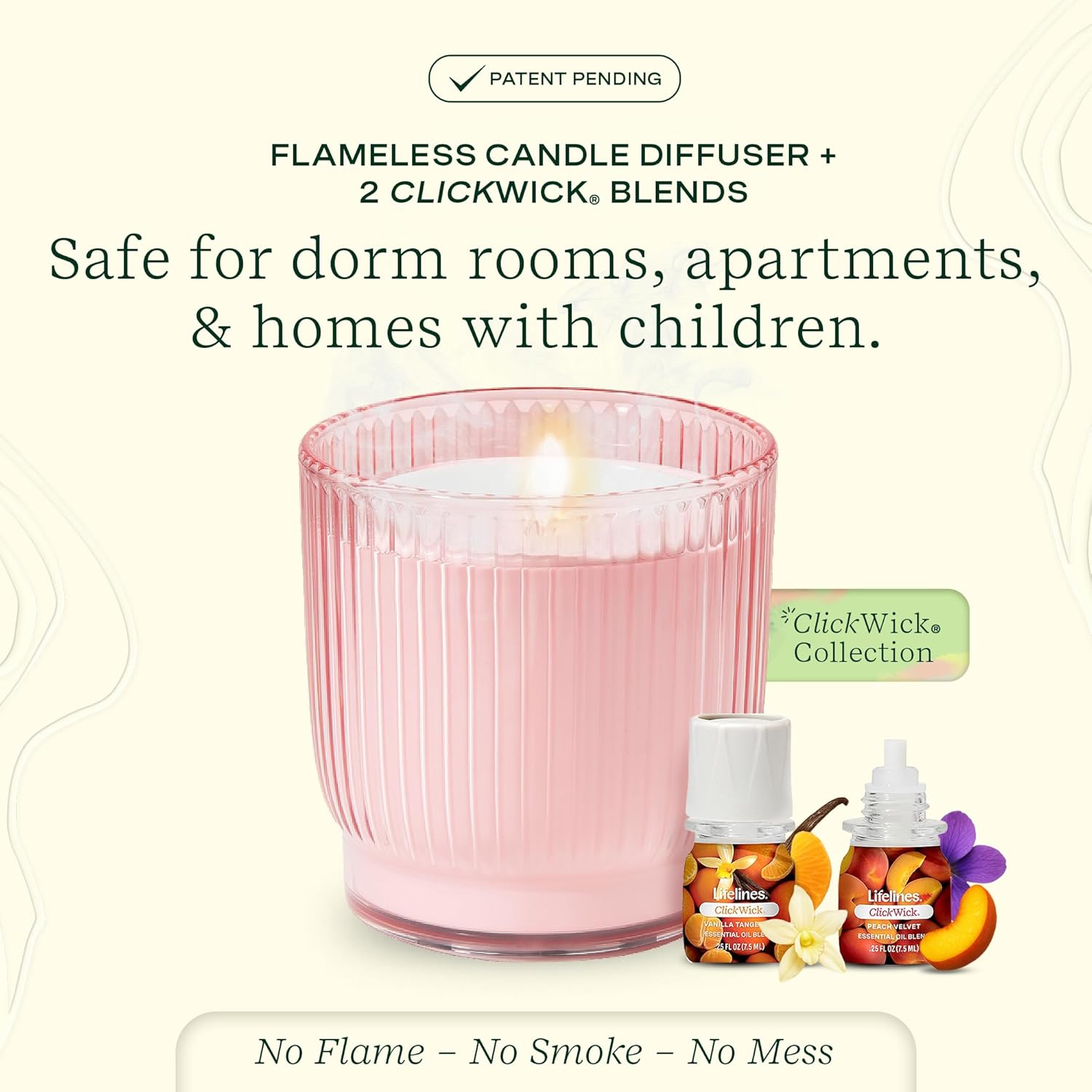 Lifelines Flameless Candle Aromatherapy Essential Oil Diffuser with 2 ClickWick Essential Oil Blends - Cordless & Waterless Diffuser for Home - Scented Electric Candles Blow Out Flame - Pink Jar
