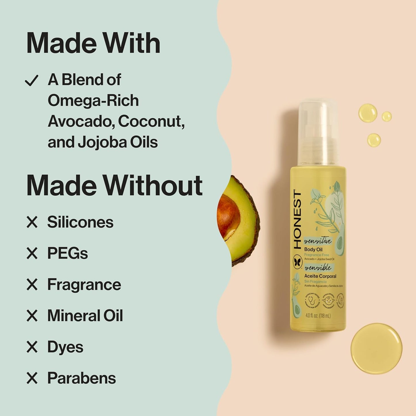 The Honest Company Fragrance-Free Moisturizing Body Oil, Nourish Soothe Baby's Skin, Plant-Based, Hypoallergenic Vegan, 4.0 fl oz