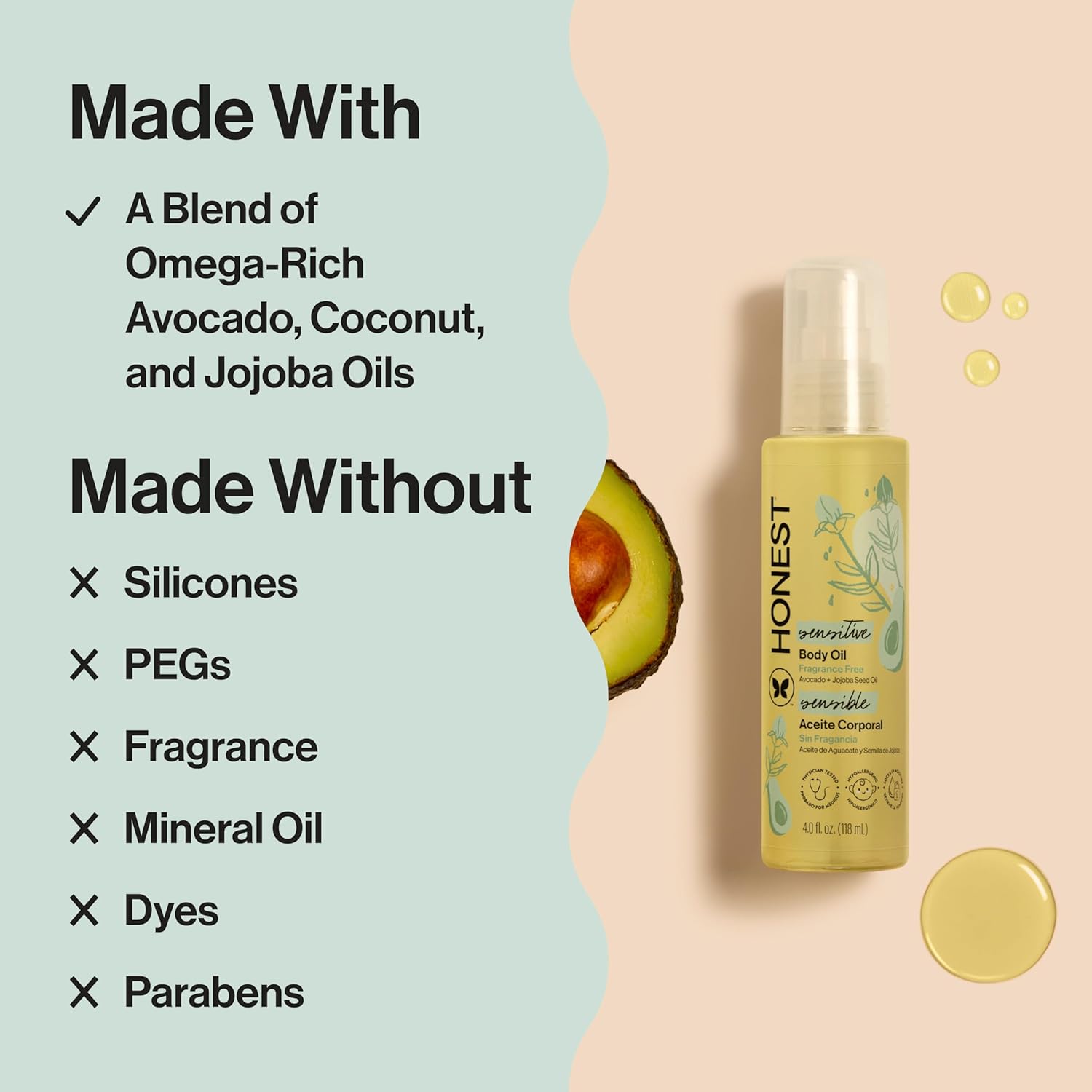The Honest Company Fragrance-Free Moisturizing Body Oil, Nourish Soothe Baby's Skin, Plant-Based, Hypoallergenic Vegan, 4.0 fl oz