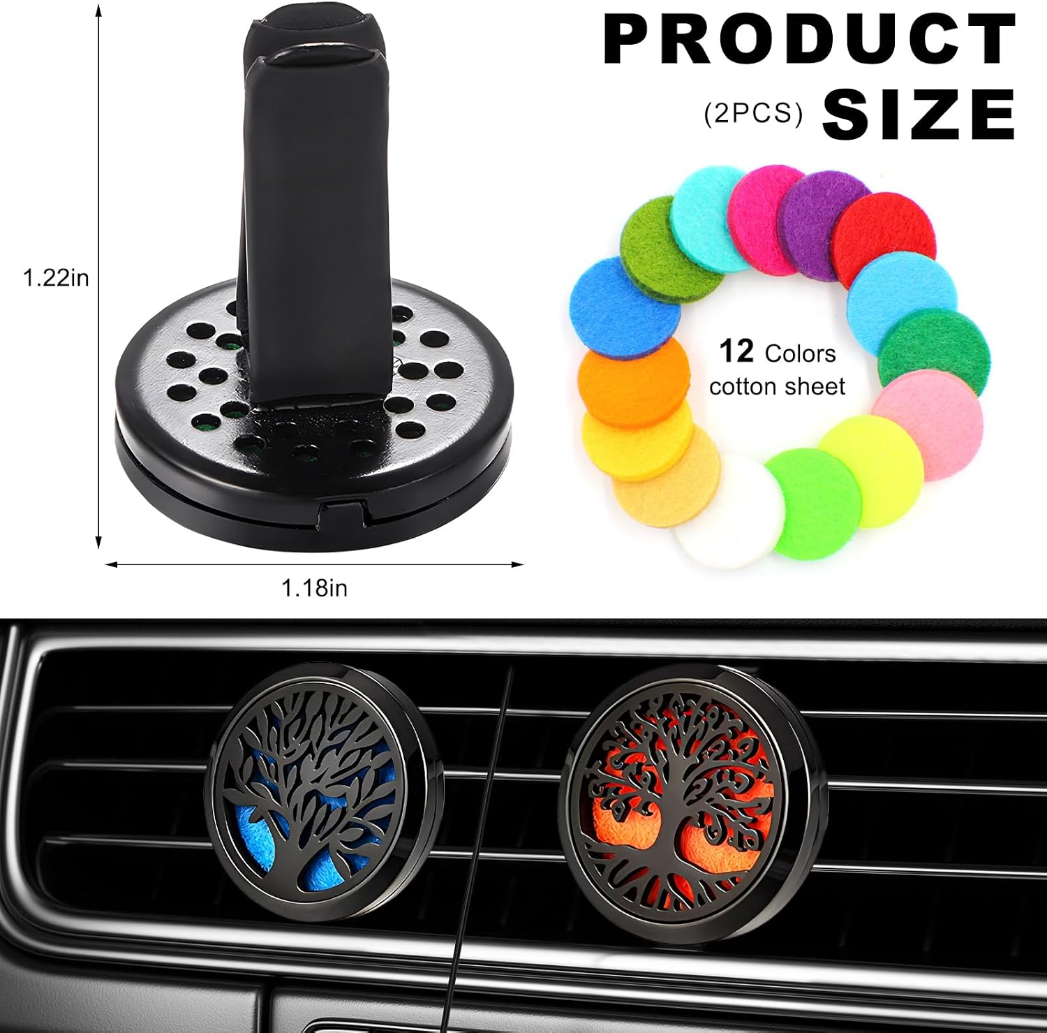 KVAEY 2PCS 30mm Car Diffuser Vent Clips, Tree of Life Aromatherapy Essential Oil Diffuser Locket with 12 Felt Pads, Stainless Steel Car Diffuser Locket Air Freshener (Black)
