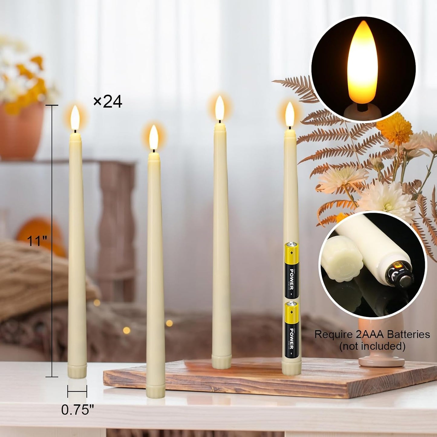 Wondise 24 Pack Flameless Taper Candles, No Remote, Realistic Flickering Battery Operated Candlesticks, Ivory LED Plastic Candles Safe for Weddings, Table Decor, Christmas and Halloween Decoration