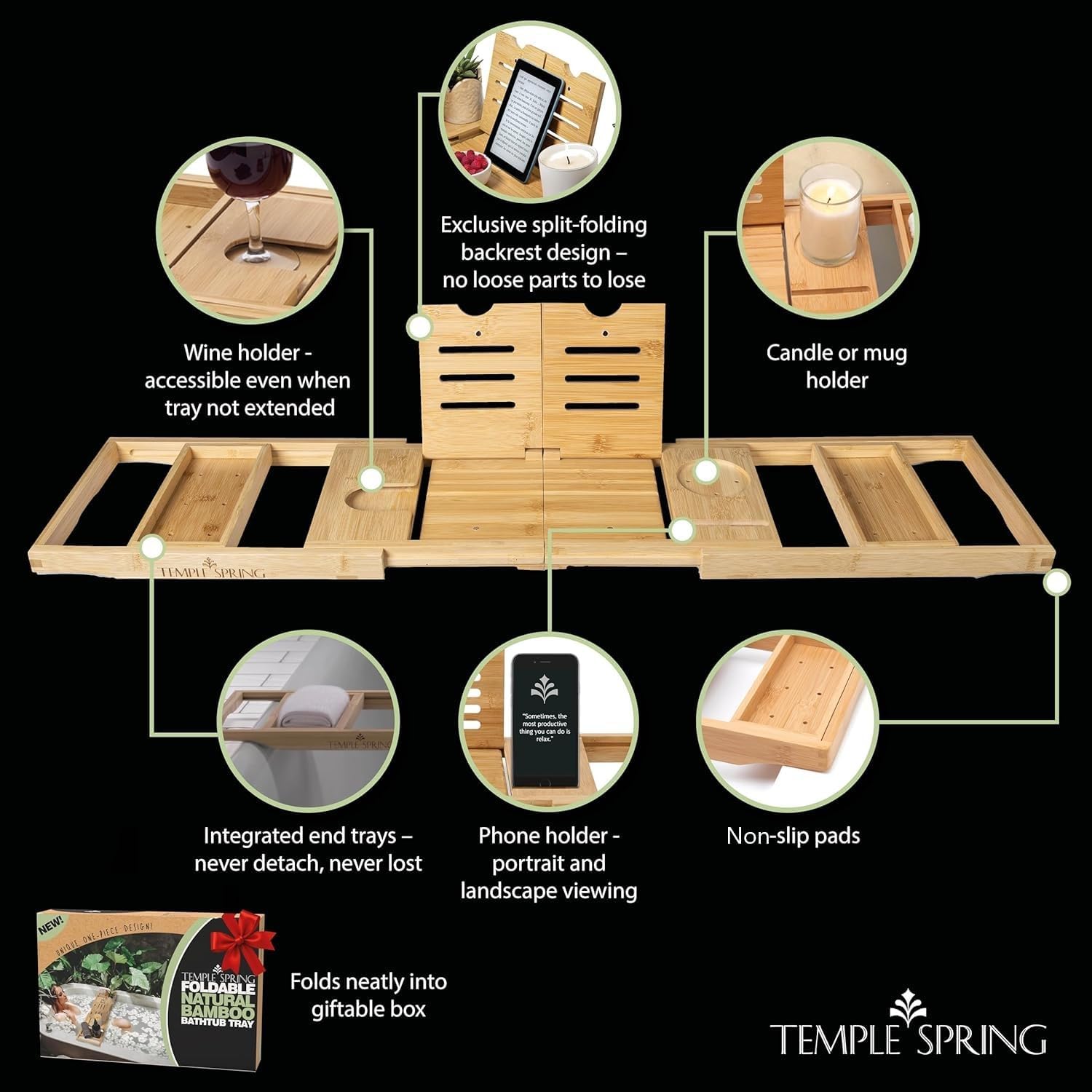 Temple Spring Foldable Bamboo Bathtub Tray Caddy for Tub — Expandable One-Piece Wood Bath Table with Wine Holder Book Stand and Non-Slip Pads — Space-Saving Bath Caddy — Housewarming