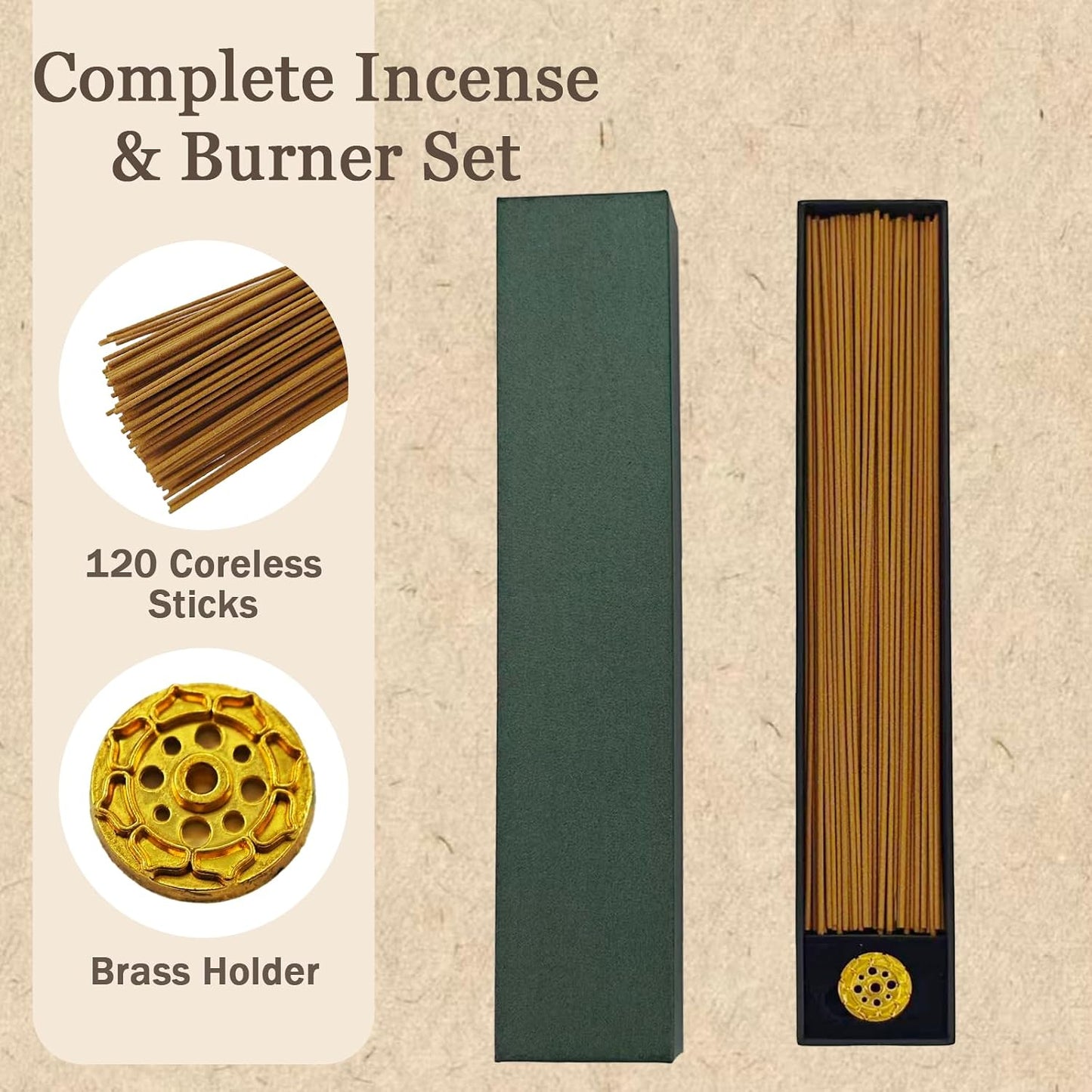 Agarwood Incense Sticks, Natural Incense Sticks Approx. 120 Sticks (30g) with Brass Holder, Chinese Incense for Yoga, Zen Meditation and Relaxation, Elegant Gift