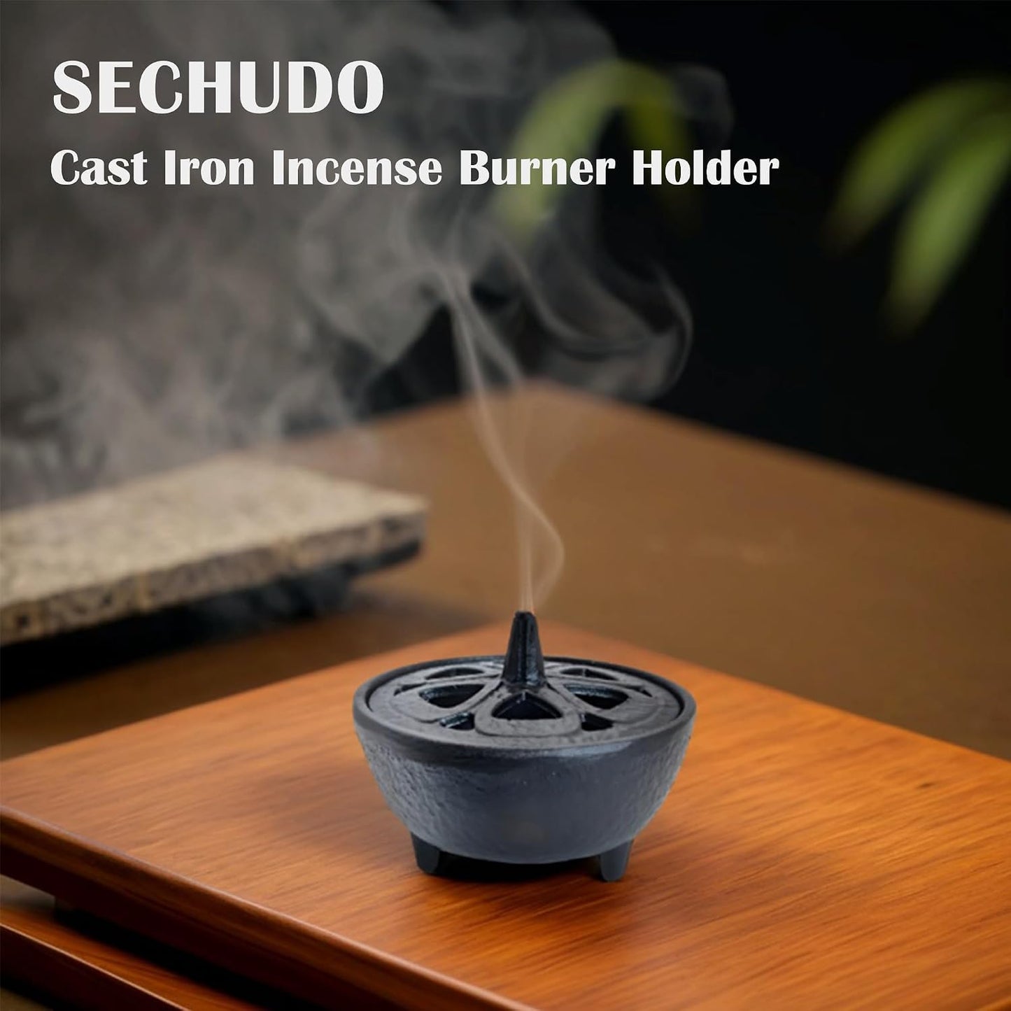 Small Cast Iron Incense Burner Holder, Home Decor, Bowl Design with Decorative Lid, Black Incense for Sticks, Resin, Cone Incense or Wax Melts