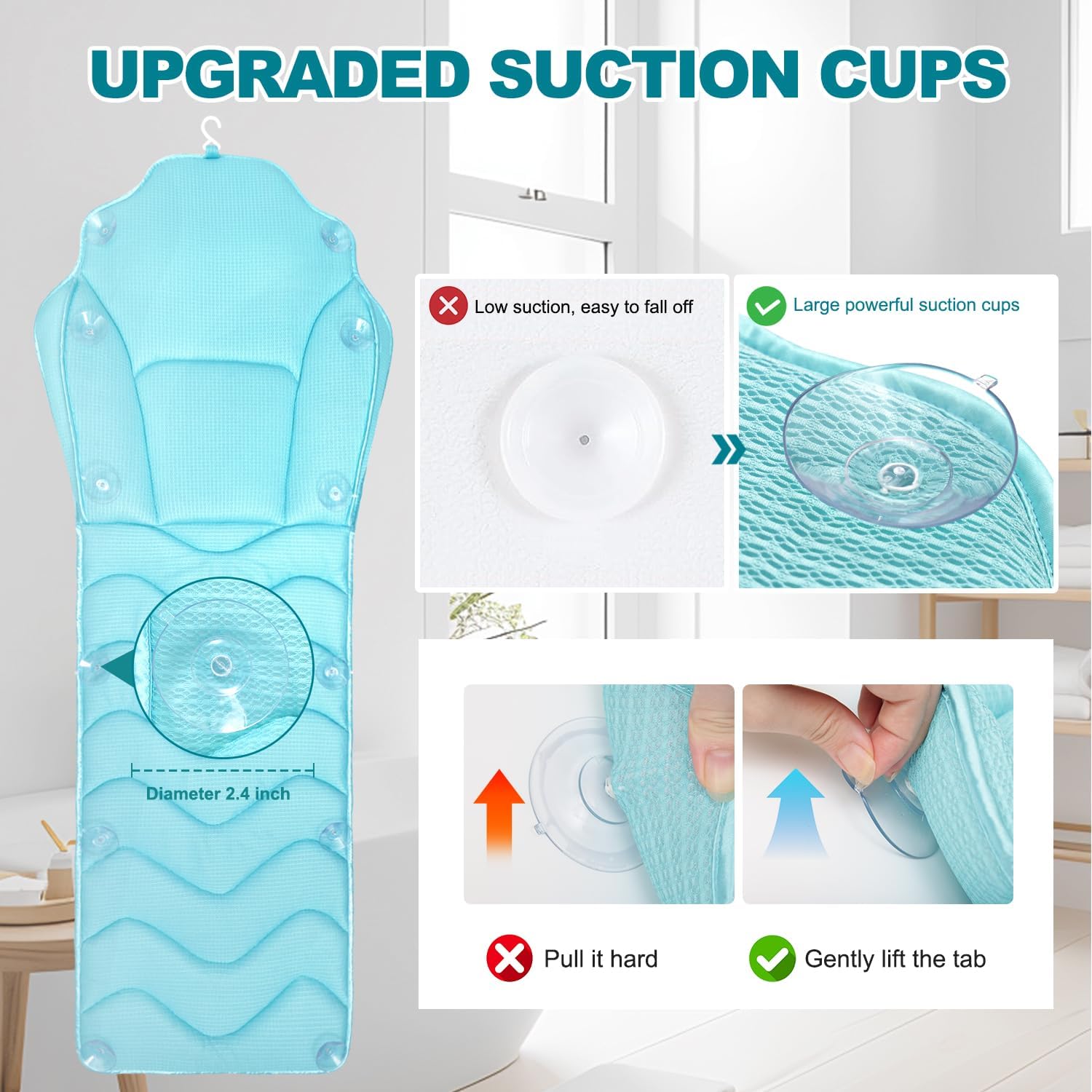 Full Body Bath Pillow for Bathtub - Extra Long 61’’ Bath Pillows for Tub, Ergonomic 4D Air Mesh Tub Pillow with Head, Neck & Lumbar Support, Bathtub Pillow Spa Cushion with Non-Slip Suction Cups