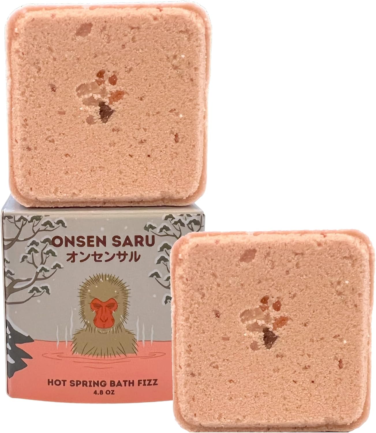 IPPINKA Onsen Saru Pink Salt Magnesium Bath Fizz Cubes - Japanese Matsu Pine, Cedarwood, Snow - Set of Two 4.8 oz Fizz Cubes