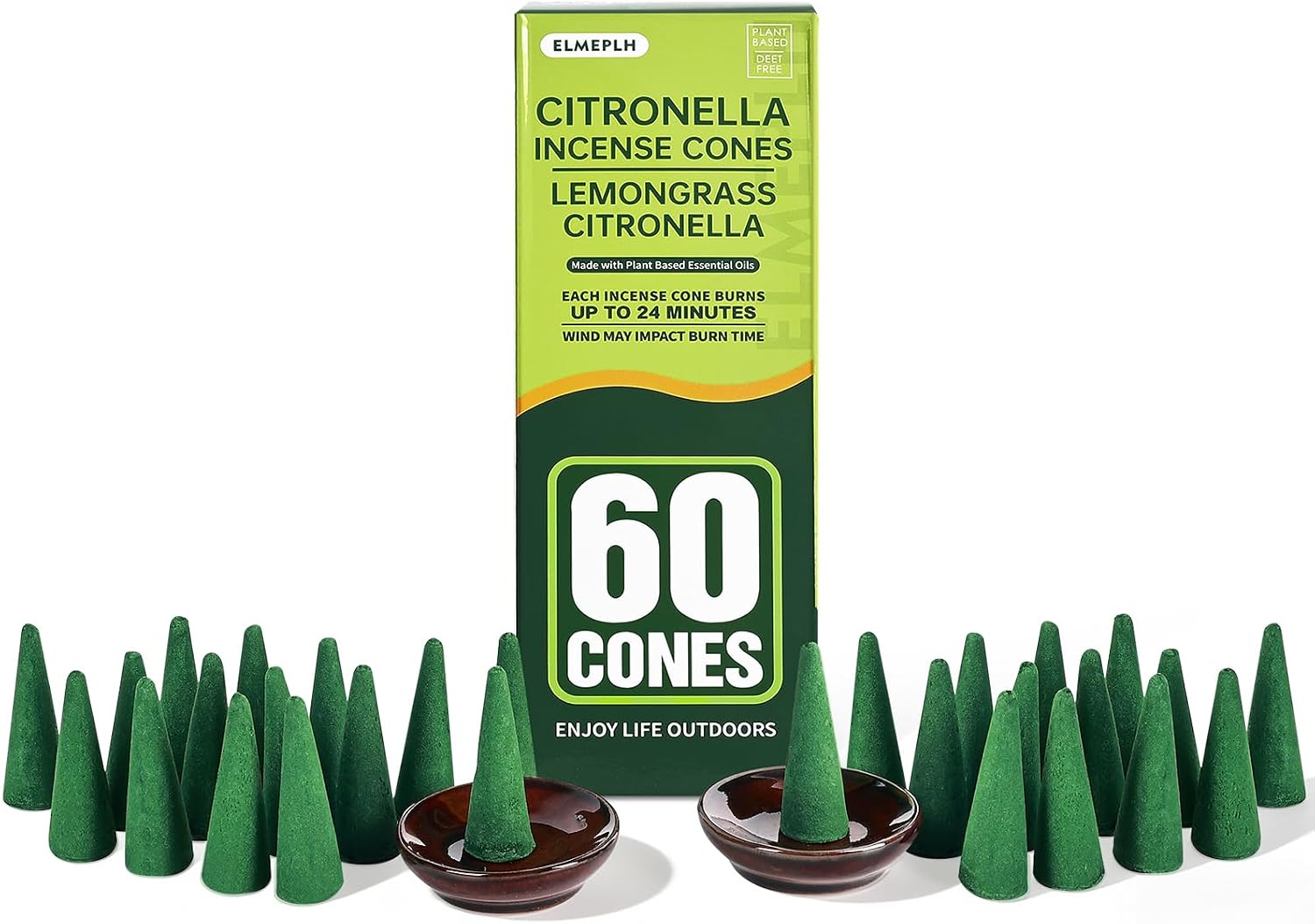 60 PCS Citronella Incense Cones Outdoor - Natural Citronella Incense Cone for Camping, Patio, Hiking,etc(Includes 2 Ceramic Dishes)