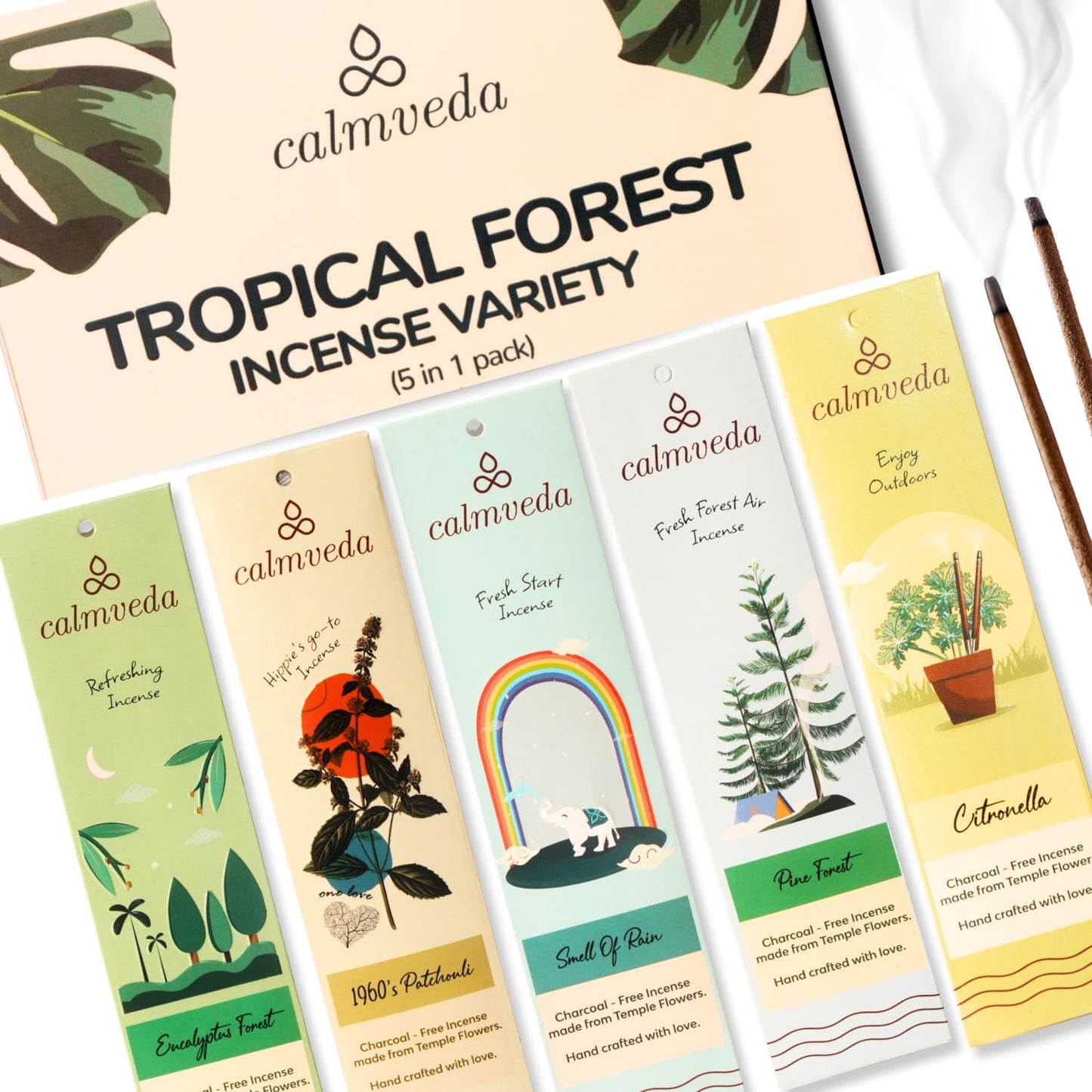 Tropical Forest Incense Variety Pack- 5 Scents: Citronella, Eucalyptus, Pine Forest, Smell of Rain & Patchouli | Charcoal-Free Natural Incense Sticks | Eco-Friendly Aromatherapy Gift Set