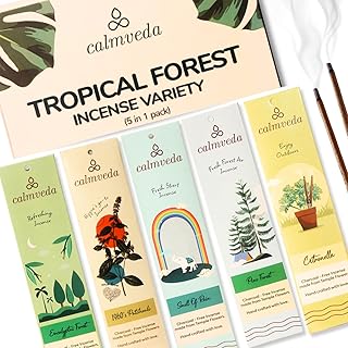 Tropical Forest Incense Variety Pack- 5 Scents: Citronella, Eucalyptus, Pine Forest, Smell of Rain & Patchouli | Charcoal-Free Natural Incense Sticks | Eco-Friendly Aromatherapy Gift Set