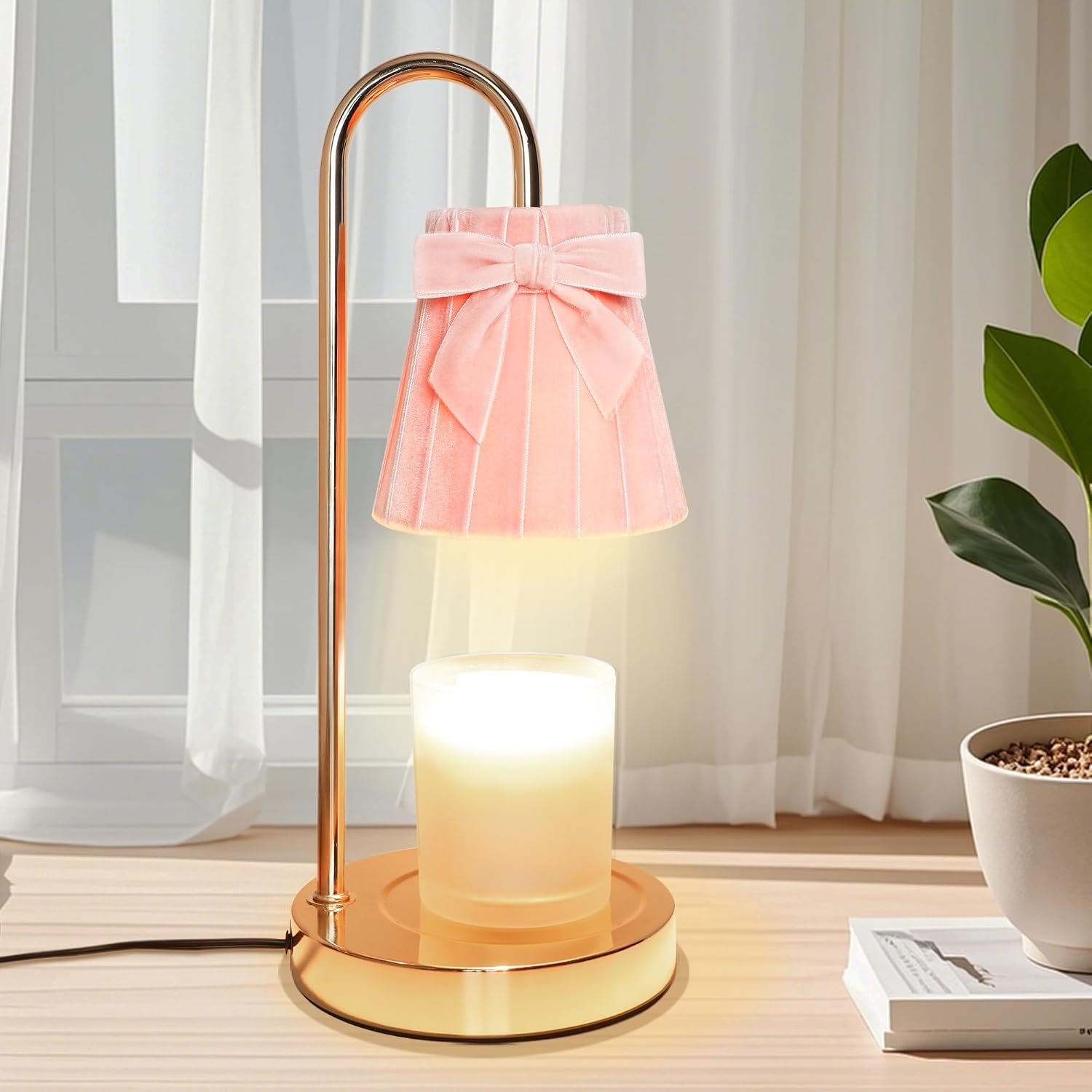 Pink Coquette Bow Flannel Candle Warmer Lamp with Timer and Dimmer, for Mom/Wife, Melt Wax Warmer Lamp with 2 Bulbs for Candle Jars House Warming New Home Christmas Decor