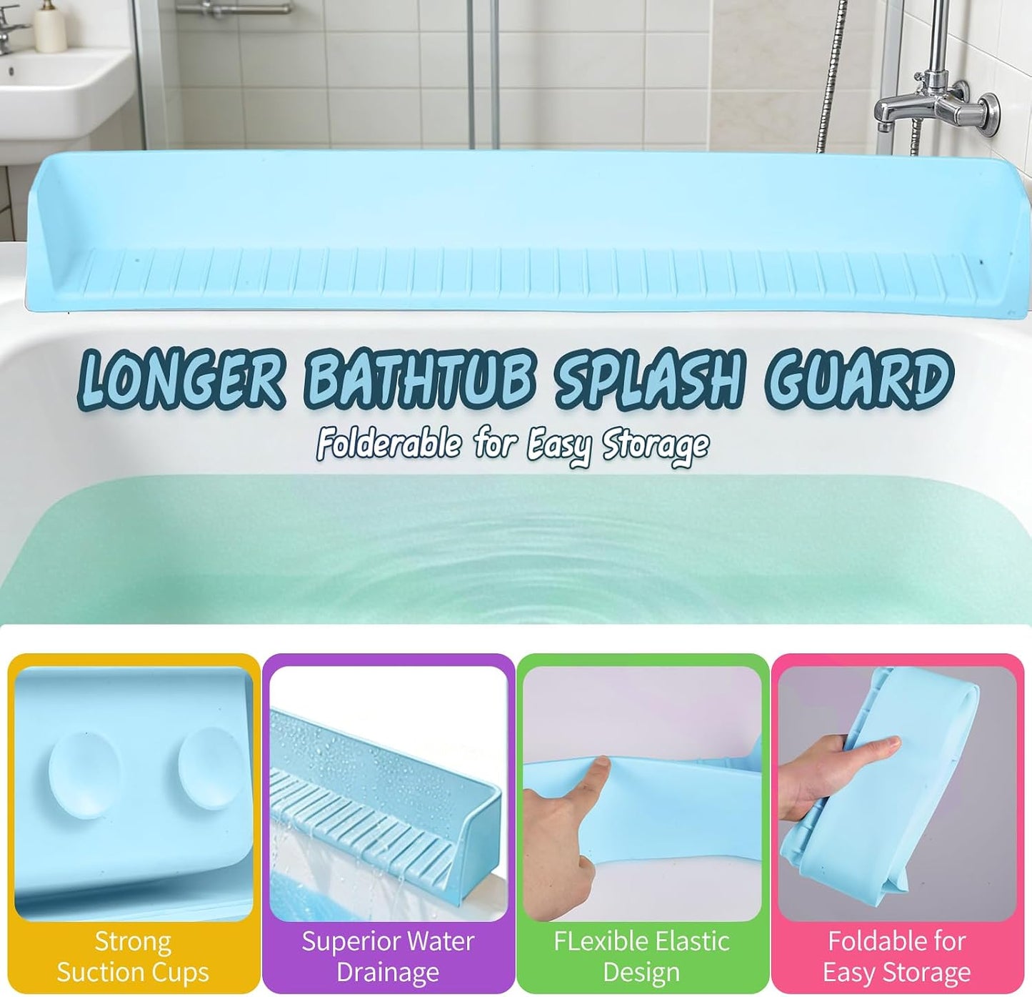 Bathtub Splash Guard for tub Kids& Bath Shelf for Kids – Toddler Bath Tray, Bath Toys Storage & Ledge Organizer – Splash Guard for Bathtub with Suction Cups – Kids Bathroom Accessories(2.6FT, Blue)
