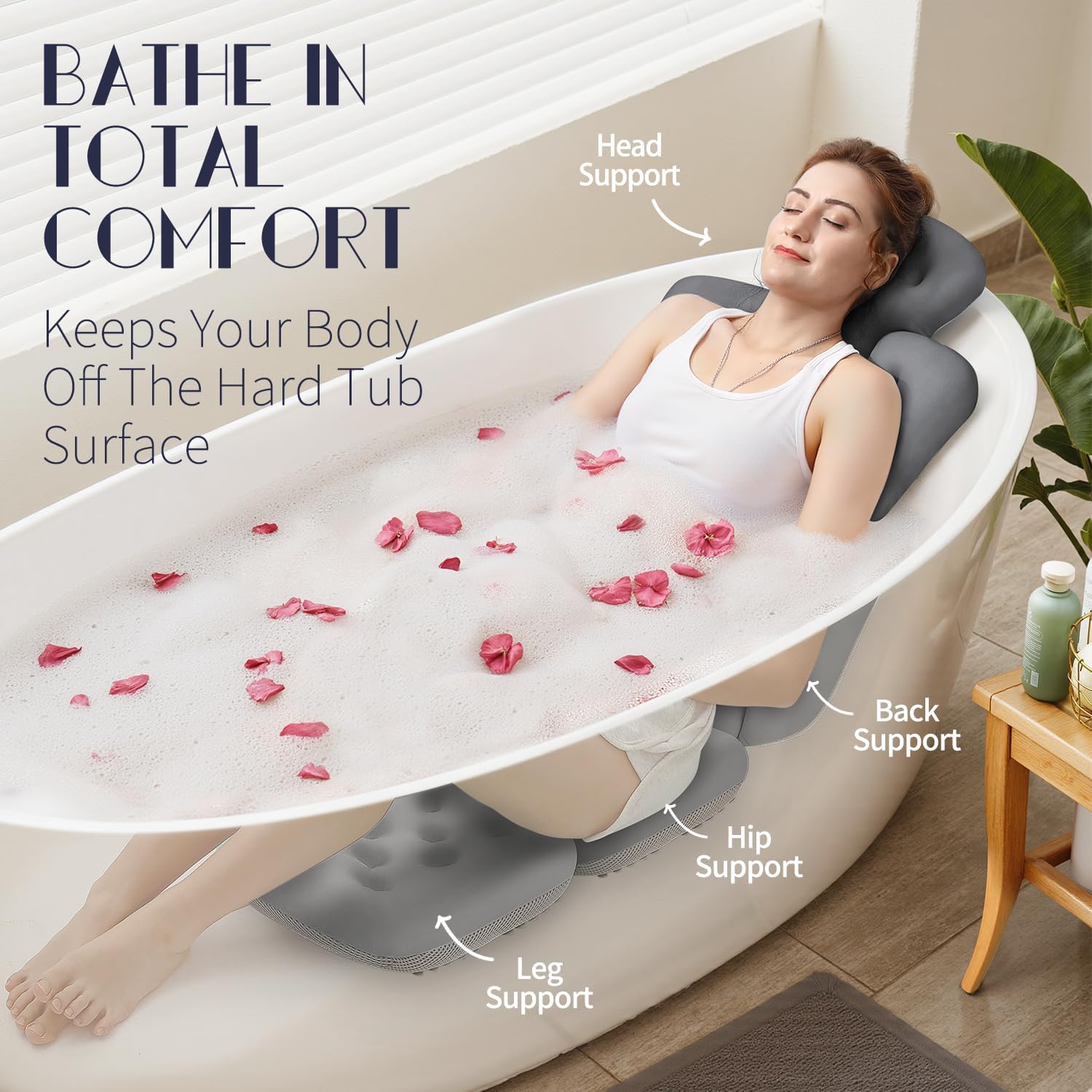 Full Body Bath Pillow for Bathtub, Thick Bathtub Cushion, Luxury Tub Pillow for Bath for Headrest Neck and Back Support Gray 51" x 16"