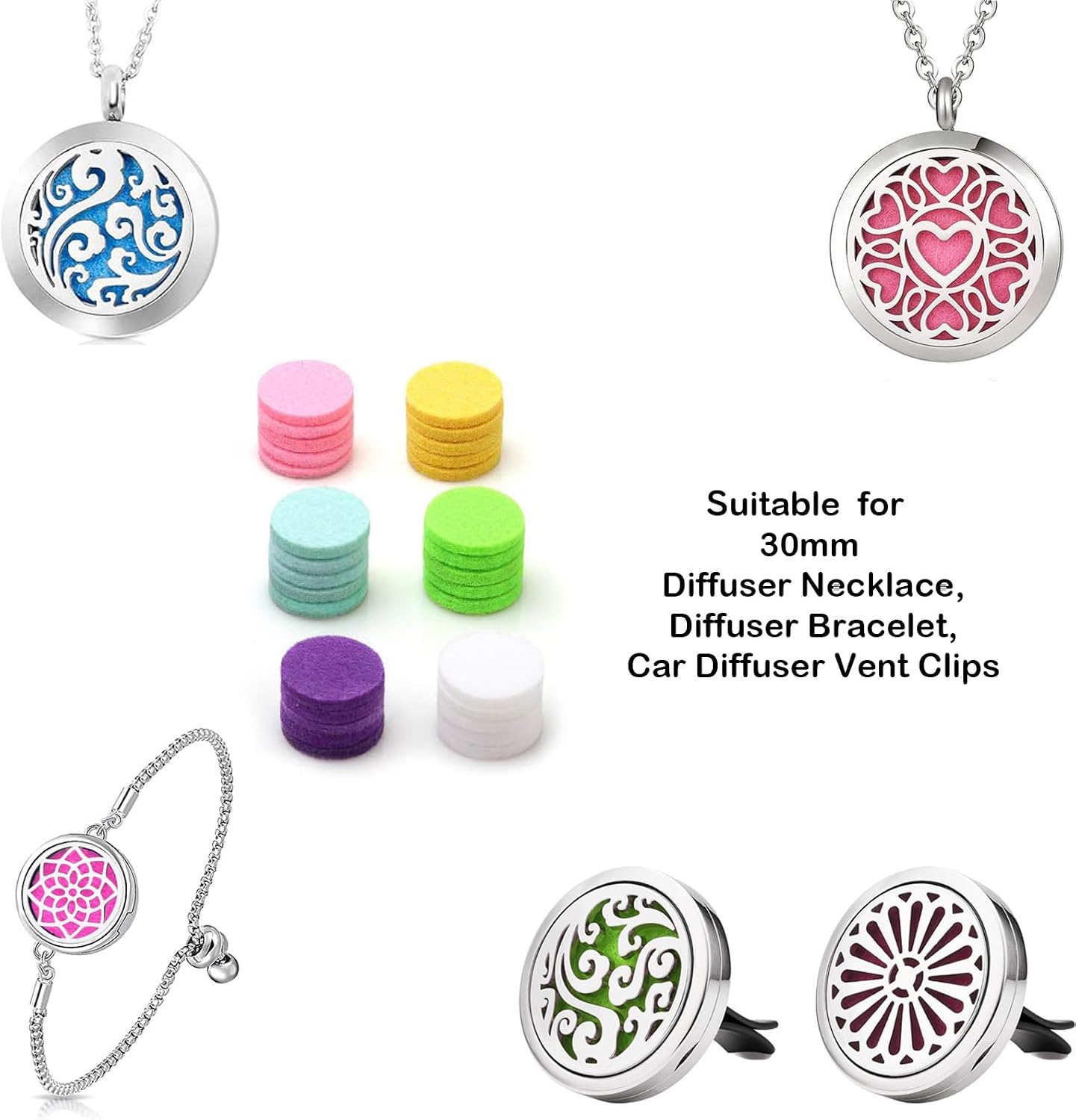60 PCS Replacement Aroma Felt Pads for Essential Oil Car Diffuser Vent Clips, 22.5mm/0.89inch Diameter 15 Colors Unscented Aromatherapy Refill Pads for 30mm Diffuser Locket Pendant Necklace Bracelet