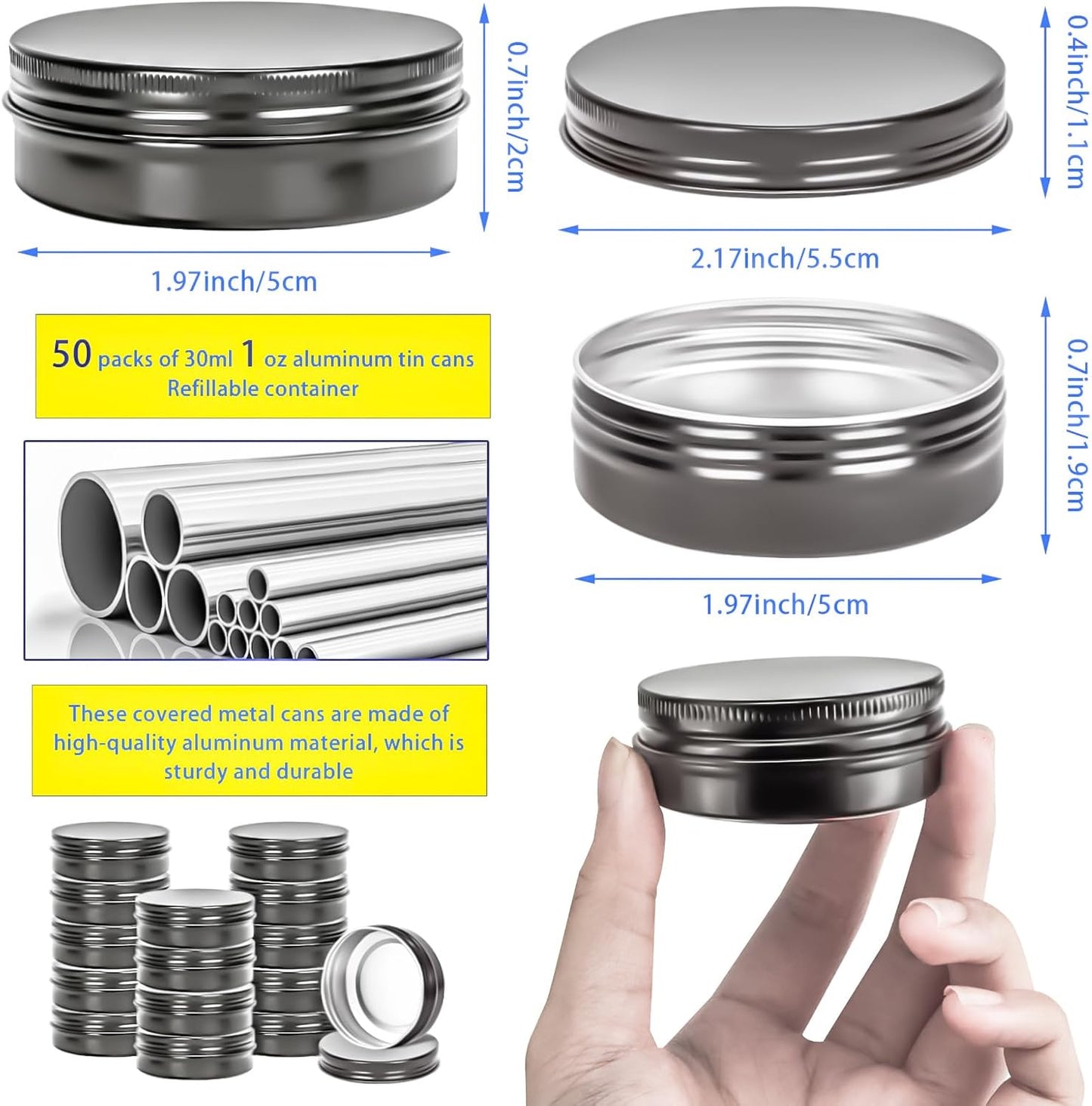 50 Pack 1oz Tin Jars, 30ml Metal Tin cans, 1Ounce Aluminum tin can jar Containers with Screw Lid for Lotion Bars, Spices, Salve, Balms, Beard Balm, Toiletries, Creams, Samples, Makeup Cosmetic