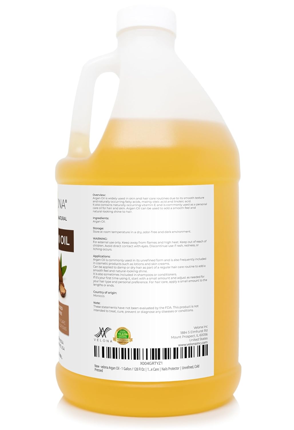 velona Argan Oil - 1 Gallon / 128 Fl Oz | 100% Pure and Natural | Morocco Oil | Skin, Body and Face Care | Nails Protector | Unrefined, Cold Pressed