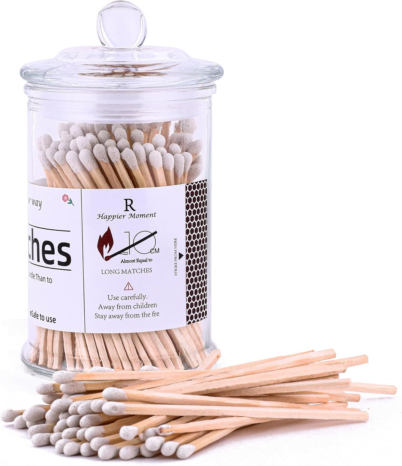 White Matches Included (150 Count 4"). Glass Match Holder with Strikers, Fireplace Matches for BBQ Grill, 150Pcs Long Wooden Safety Match for Candles