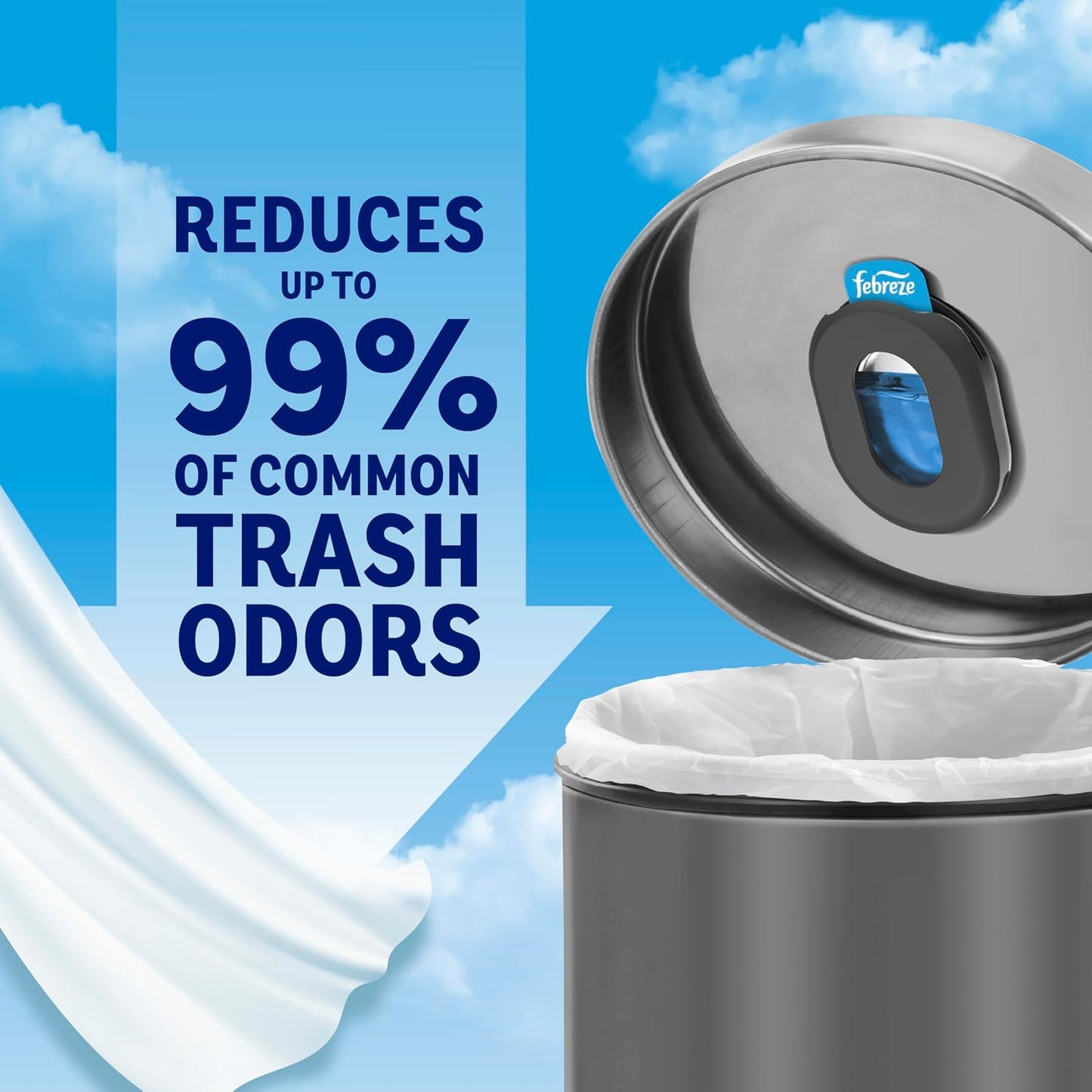 Febreze Trash Odor Fighter, Trash Can Air Freshener, Stick-On Deodorizer for Garbage Cans, Diaper Pails, Works with Scented Trash Bags, Fresh Lemon and Linen & Sky Scents, 2 Holders + 2 Refills