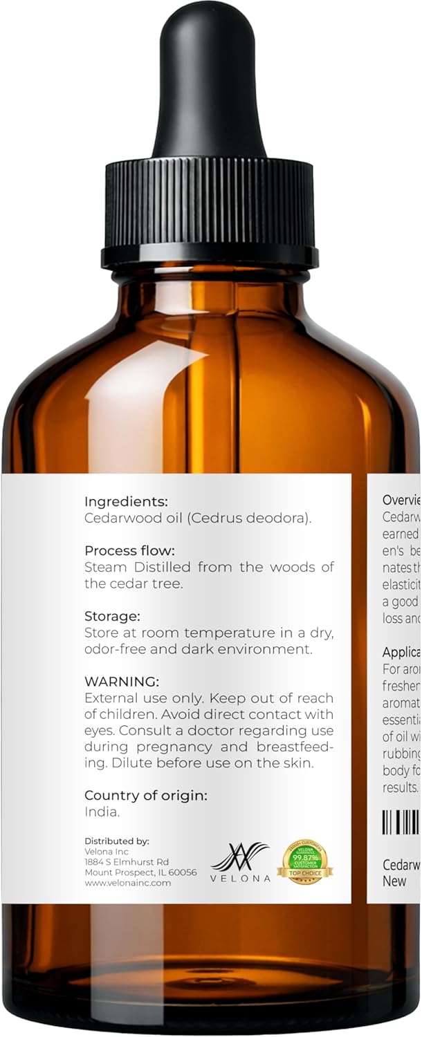 velona Cedarwood Essential Oil 4 Fl Oz | Therapeutic Grade 100% Pure and Natural | for Aromatherapy Diffuser, Massage, Skincare, Haircare, Soapmaking