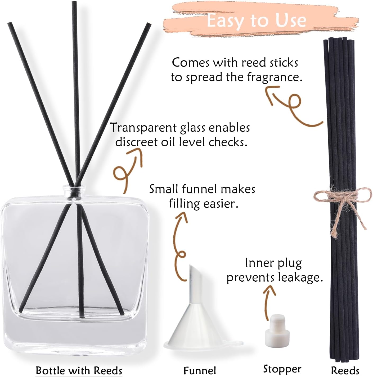 4PCS Empty Clear Glass Diffuser Bottles,100ML/3.5Oz Refillable Fragrance Set with 20pcs Reeds Sticks & Rubber Stopper & Funnels for DIY Essential Oil