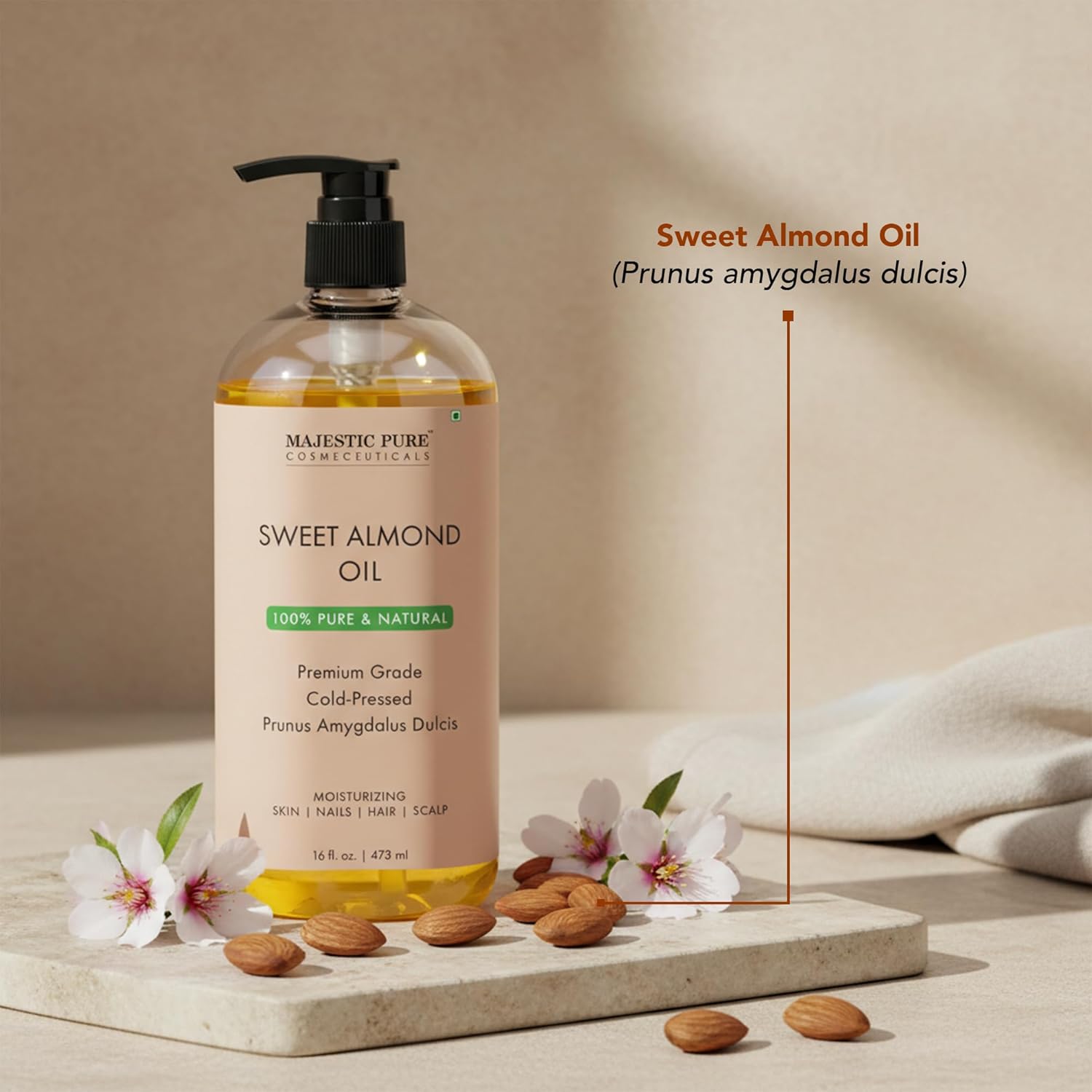 MAJESTIC PURE Sweet Almond Oil, Triple A Grade Quality, Pure and Natural from Spain, Cold Pressed, (Packaging May Vary) - 16 fl. Oz