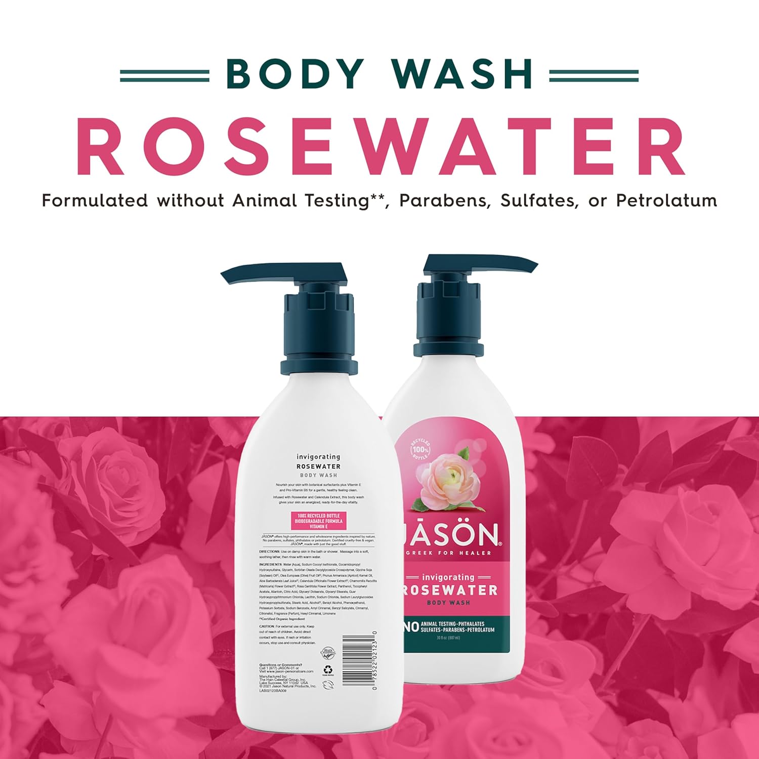 JASON Rosewater Invigorating Body Wash Women/Men, For a Gentle & Clean Feel, 30 Fluid Ounces