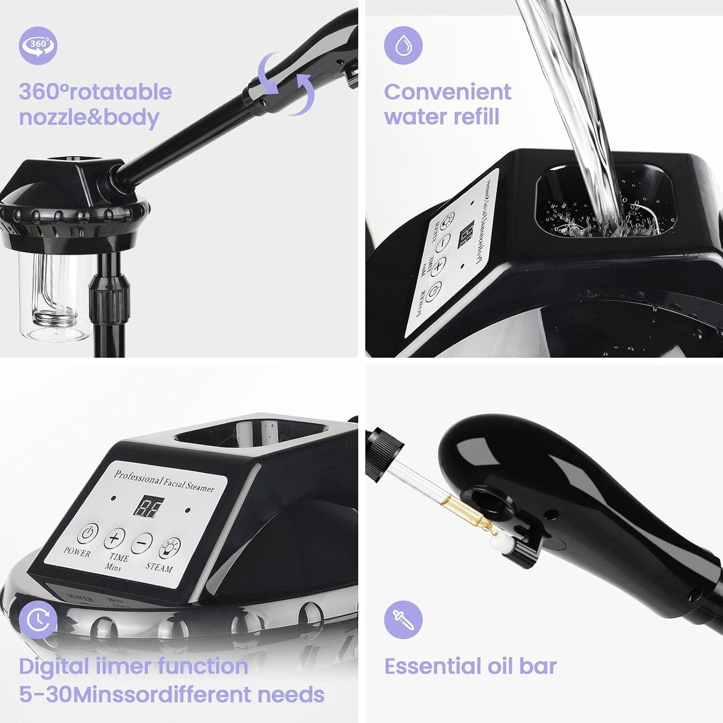 Professional Facial Steamer, Facial Steamer on Wheels with Time Setting & Adjustable Height Stand – Face Steamer for Spa, Salon and at Home Use