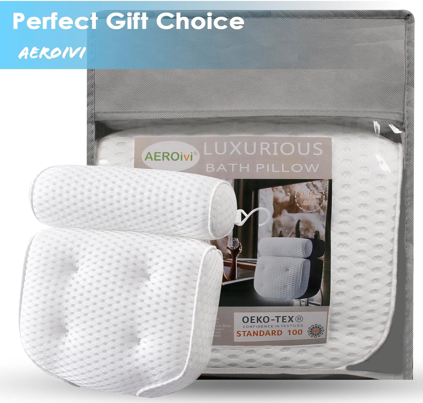 AEROiVi Luxury Bath Pillows for Tub，Bath Pillow with Laundry Bag Bathtub Pillows for Head and Neck Support Bath Cushion Made from Soft Spacer Mesh Material with Suction Cups