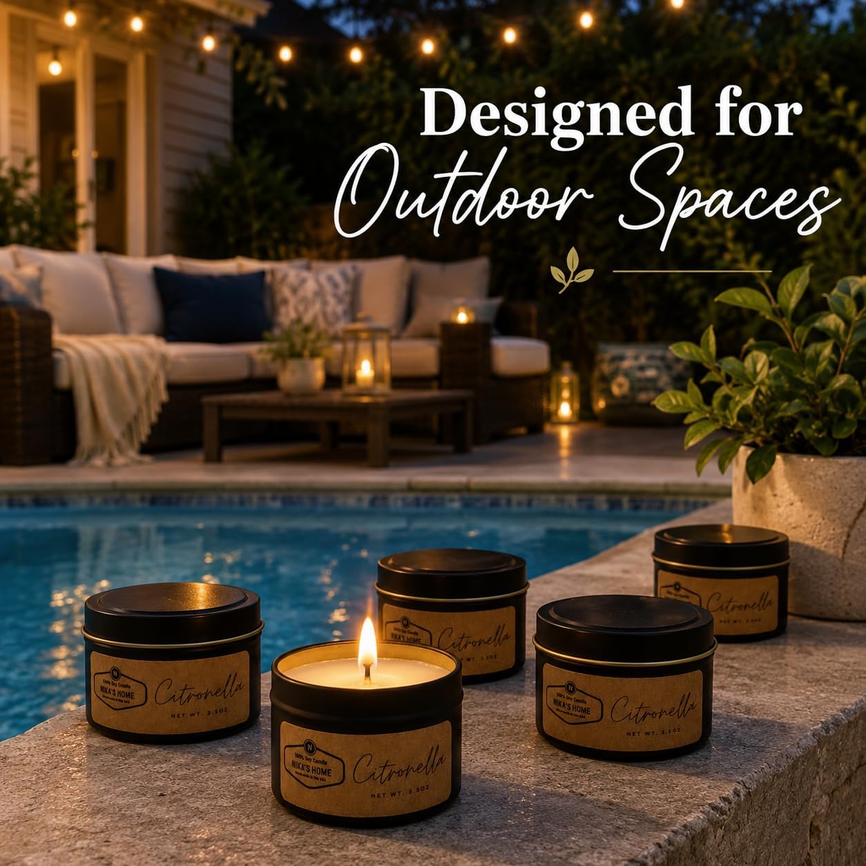Citronella Soy Wax Candle Set, 5 Pack 3.5 oz Tins, Highly Scented Outdoor Decor for Patio, Deck, Camping & Backyard Gatherings, Hand Poured in USA