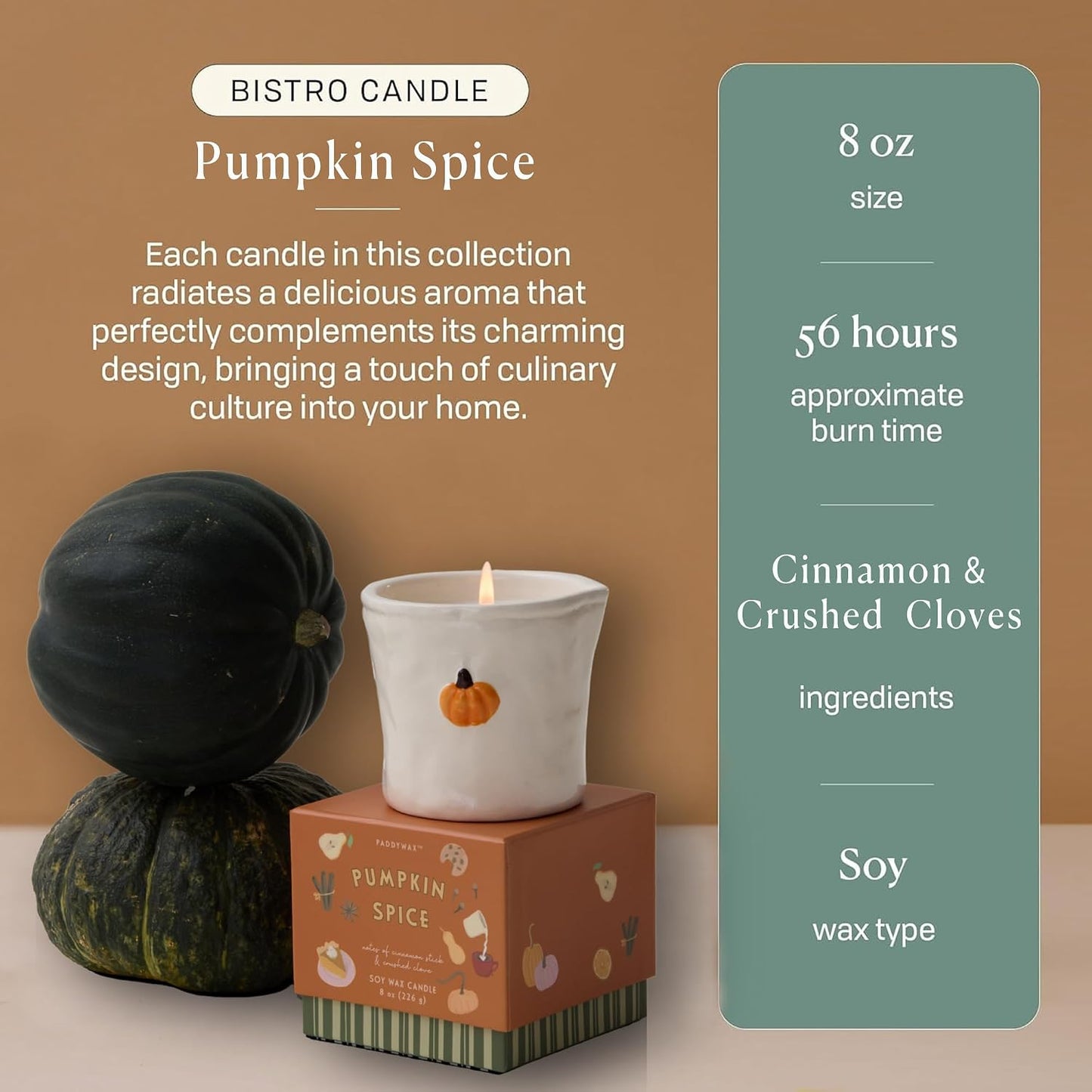 Paddywax Bistro Hand Painted Scented Candle in Ceramic Reusable Food-Safe Jar with Gift Box, Soy Candle with Approx. 56 Hour Burn Time, Pumpkin Spice, 8 oz