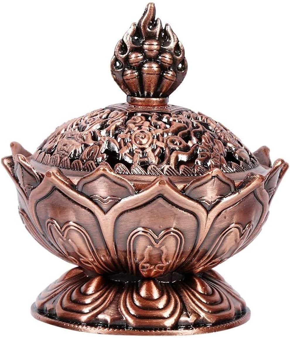Incense Burner, Bronze Antique Chinese Asian Style Lotus Flower Incense Burner Pot Backflow Smoke Incense Burner Stick Cone Holder Zen Buddha Buddhist Meditation Decor Gift Set(Red Bronze)