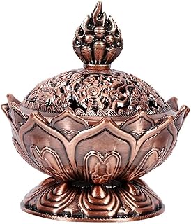Incense Burner, Bronze Antique Chinese Asian Style Lotus Flower Incense Burner Pot Backflow Smoke Incense Burner Stick Cone Holder Zen Buddha Buddhist Meditation Decor Gift Set(Red Bronze)