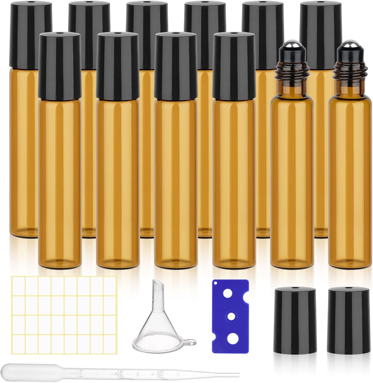 12 Pack Amber Roller Bottles for Essential Oils, 10ml Glass Roll On Bottles for Travel and Lip Gloss, Empty Perfume Roller Ball Applicator Bottle With Lid, Dropper, Funnel, Opener, Labels
