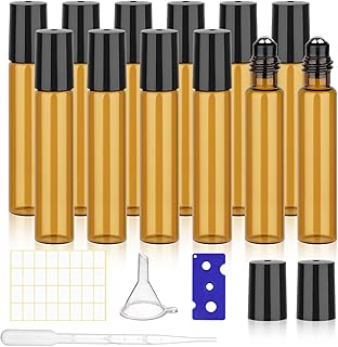 12 Pack Amber Roller Bottles for Essential Oils, 10ml Glass Roll On Bottles for Travel and Lip Gloss, Empty Perfume Roller Ball Applicator Bottle With Lid, Dropper, Funnel, Opener, Labels