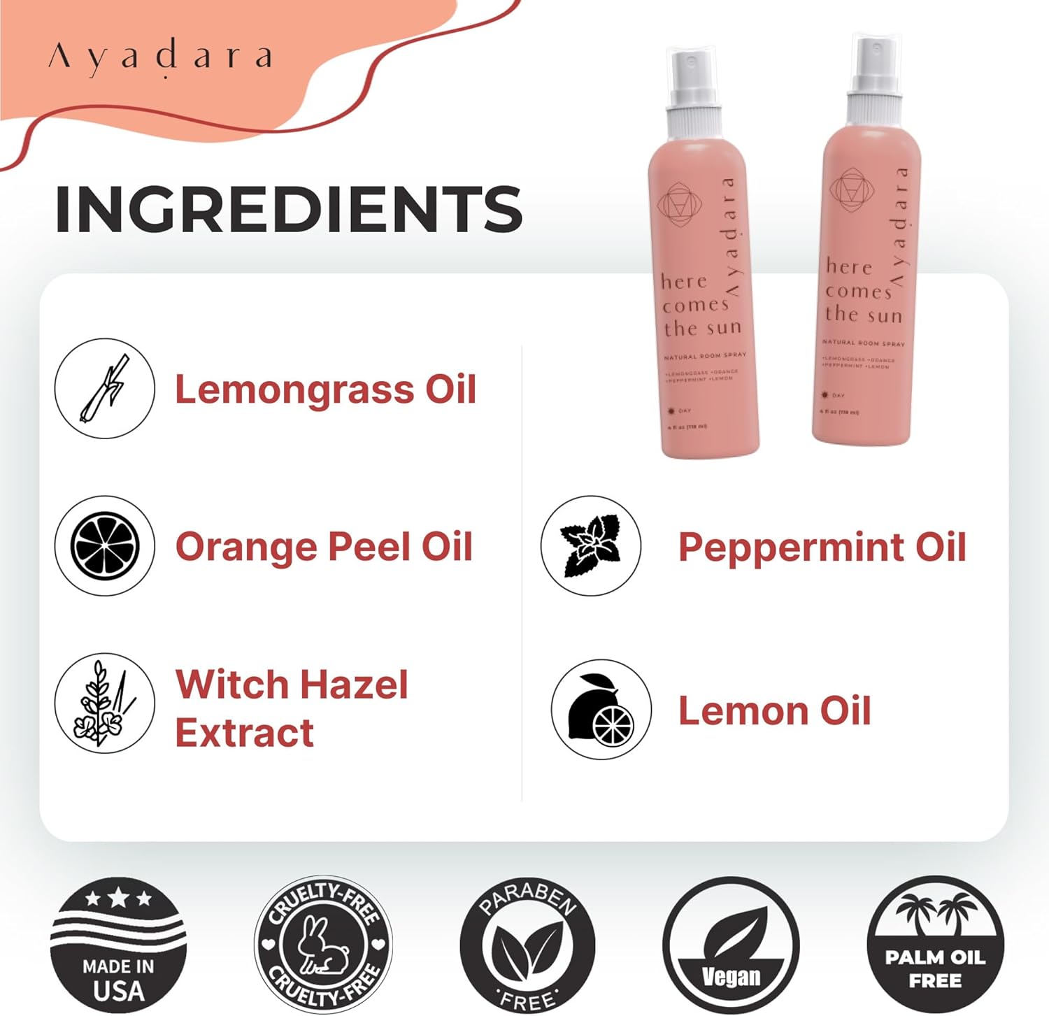 Ayadara Natural Room Spray, 4 oz, Aromatherapy for Room, Fragrance Spray and Home/Linen Deodorizer Mist, All Natural Spray Air Freshener with Lemongrass and Peppermint Oil, 1000 Sprays