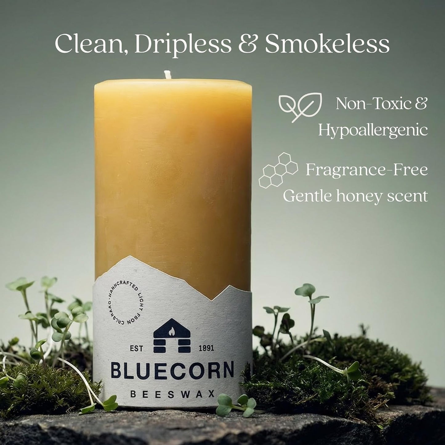 Bluecorn Beeswax Pillar Candle, 100% Pure Natural Bees Wax, Hand Poured 3x3 Candle, Clean Burning & Dripless, Long Lasting (50 Hrs), Paraffin, Soy & Fragrance Free, Home Decor, American Made, 1 Count