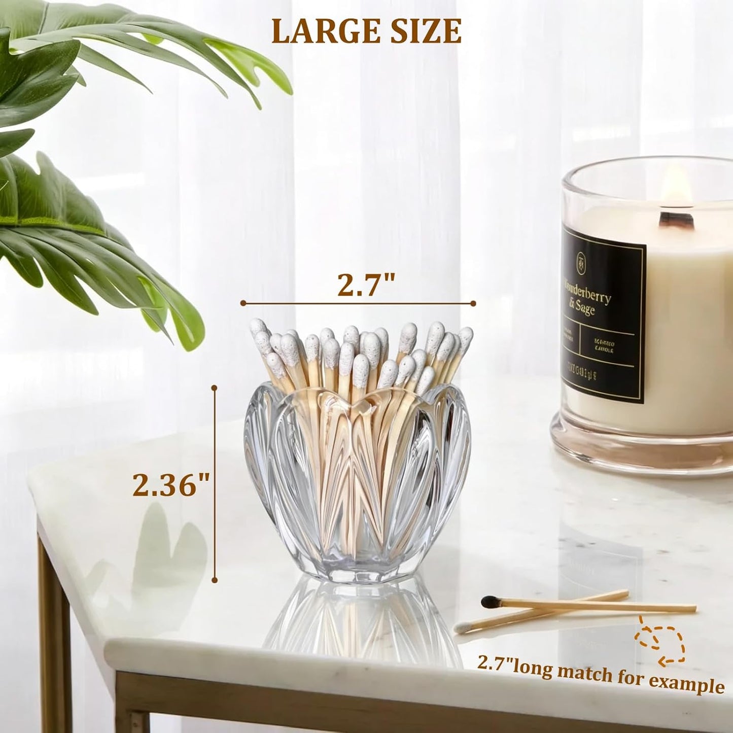 Glass Match Holder with Striker - Matches in a Jar for Bathroom Candle, or Fireplace - Housewarming Gift for Candle Lover - Flower Style Candle Accessories, Matches Not Included