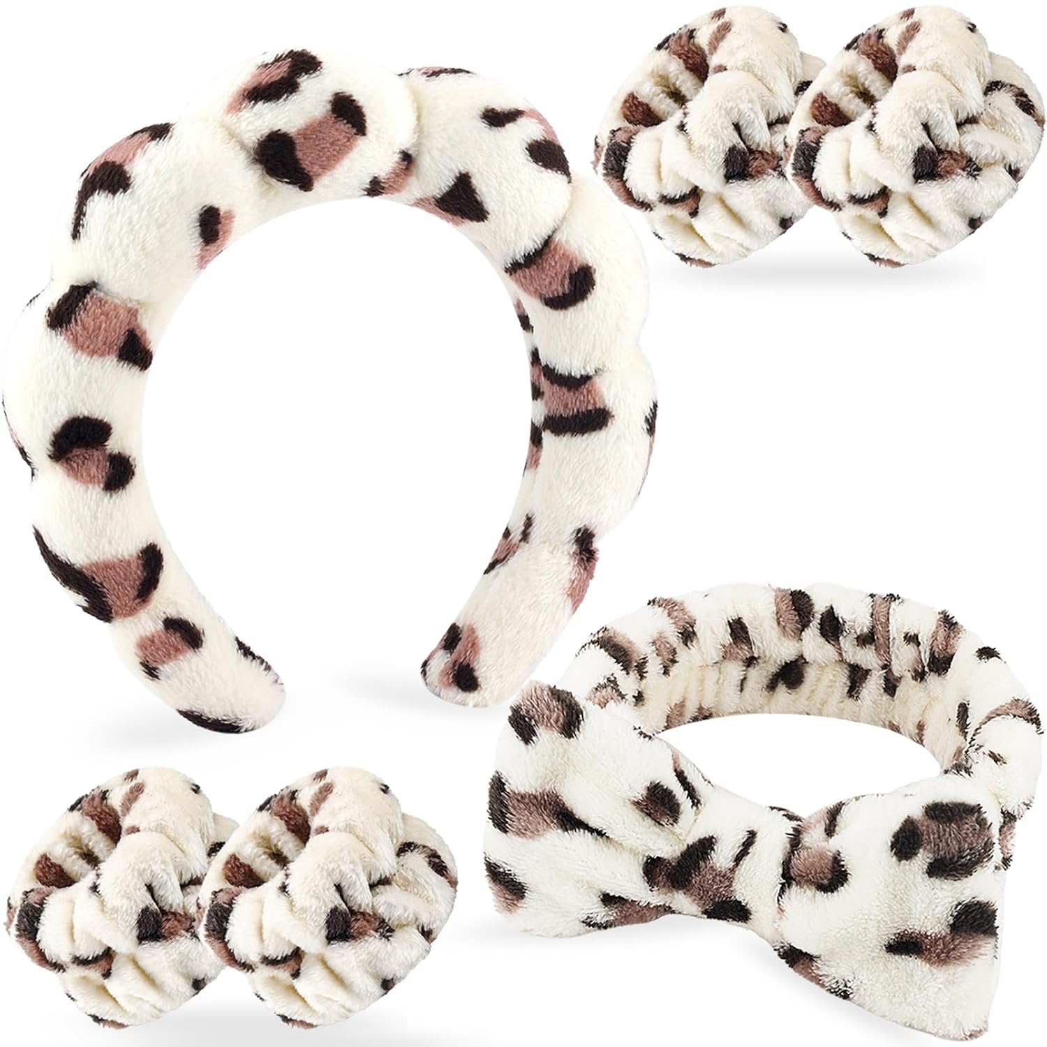 Zkptops 6Pcs Spa Headband for Washing Face Wristbands Set Women Bubble Makeup Sponge Plush Padded Puffy Skincare Headband Bow Tie Hairband Cute Non Slip Thick Hair Accessory Gifts(Beige Leopard)